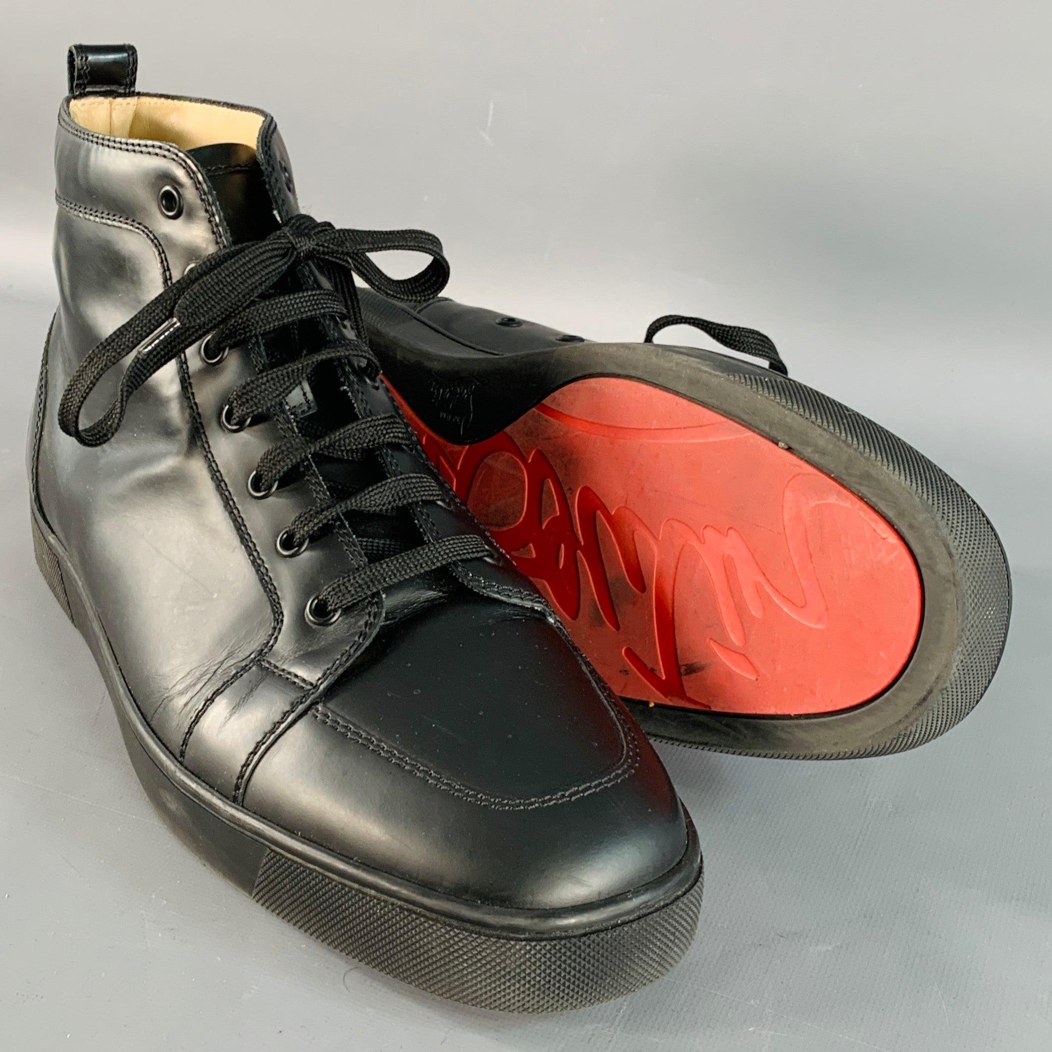 Uomo CHRISTIAN LOUBOUTIN taglia 13 Louis, scarpe da ginnastica alte in pelle nera con lacci e cinturini in vendita