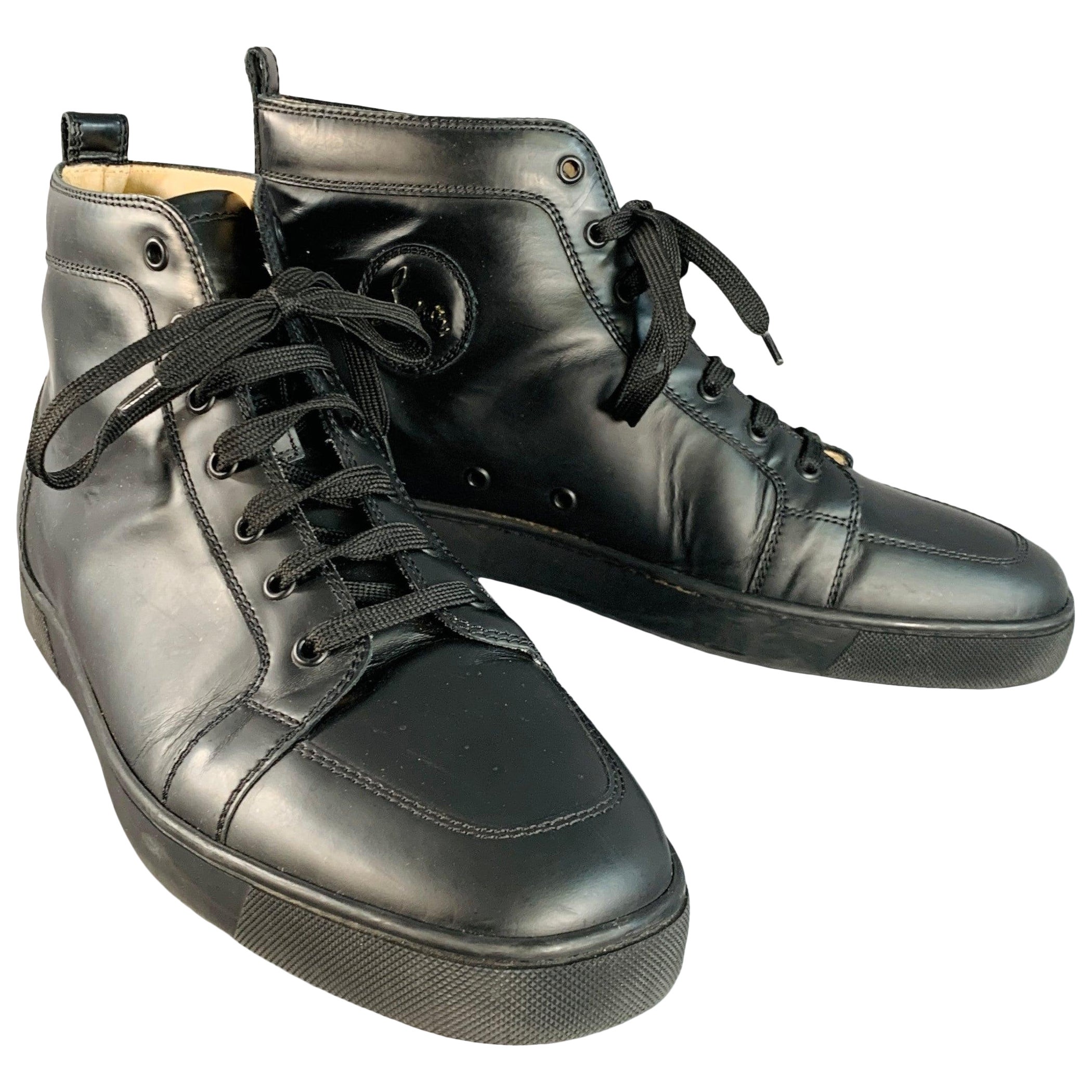 CHRISTIAN LOUBOUTIN taglia 13 Louis, scarpe da ginnastica alte in pelle nera con lacci e cinturini