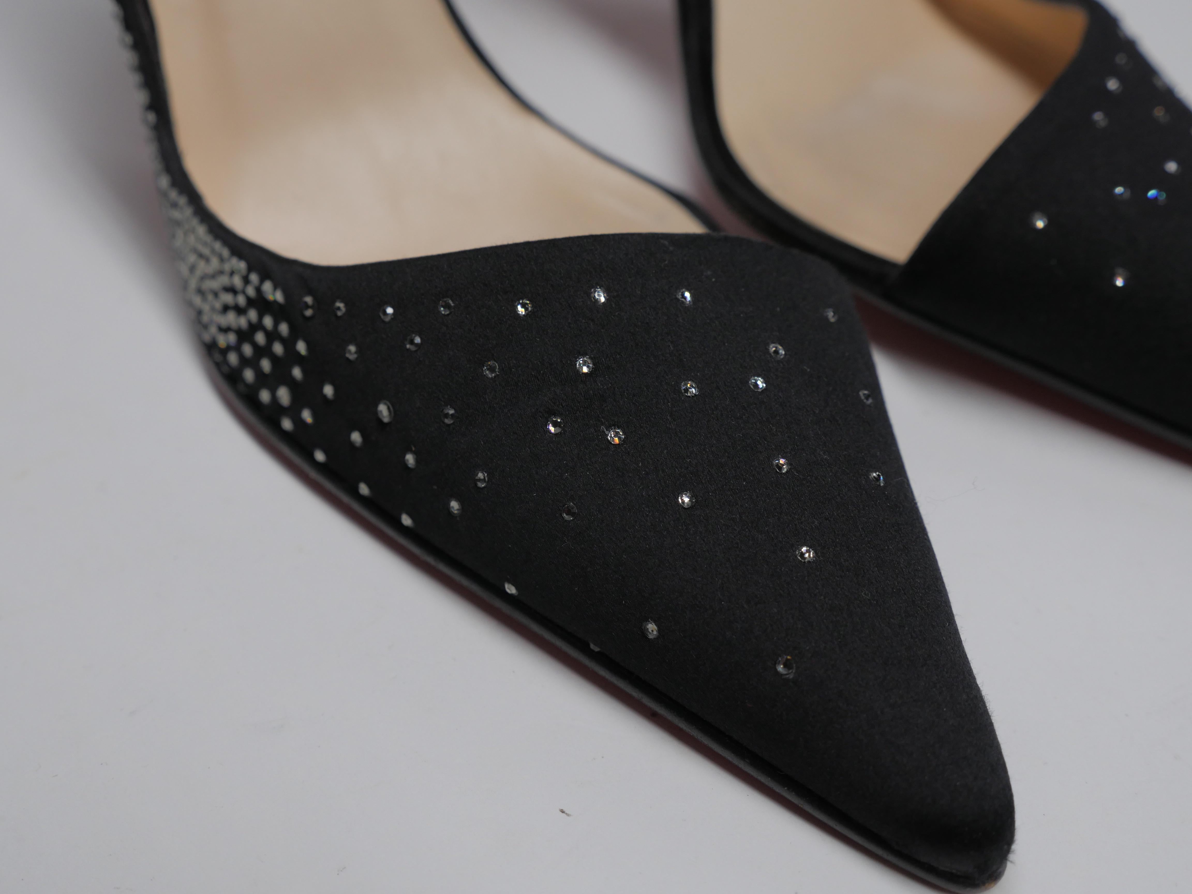 Black Satin crystal detailed pointed toe pumps