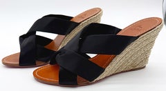 Christian Louboutin Size 39 Delfin Black Silk Satin Raffia Wedge Shoes Heels