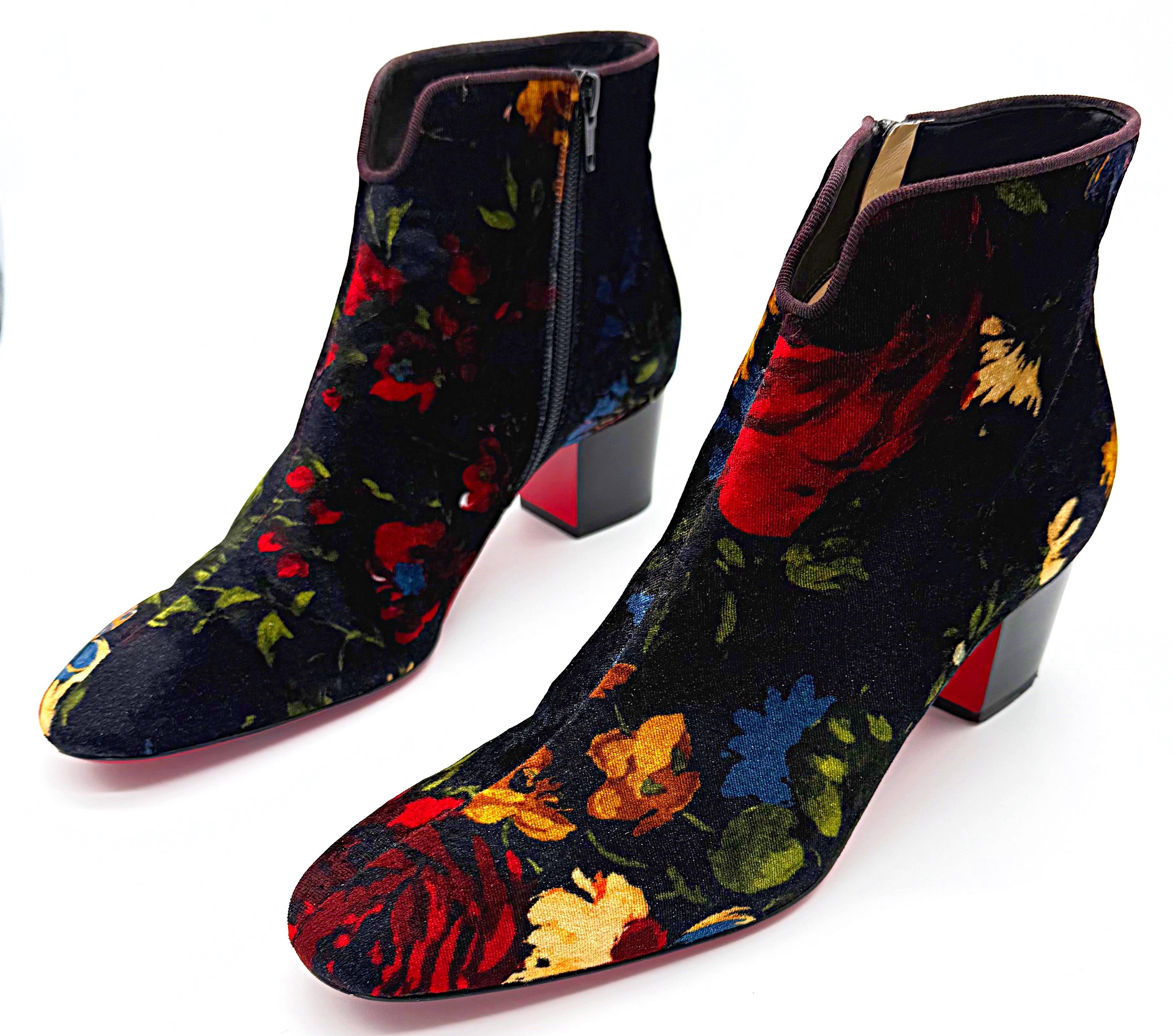 Christian Louboutin Size 39 Floral Bouquet Velvet Disco Ankle Boots Booties For Sale 7