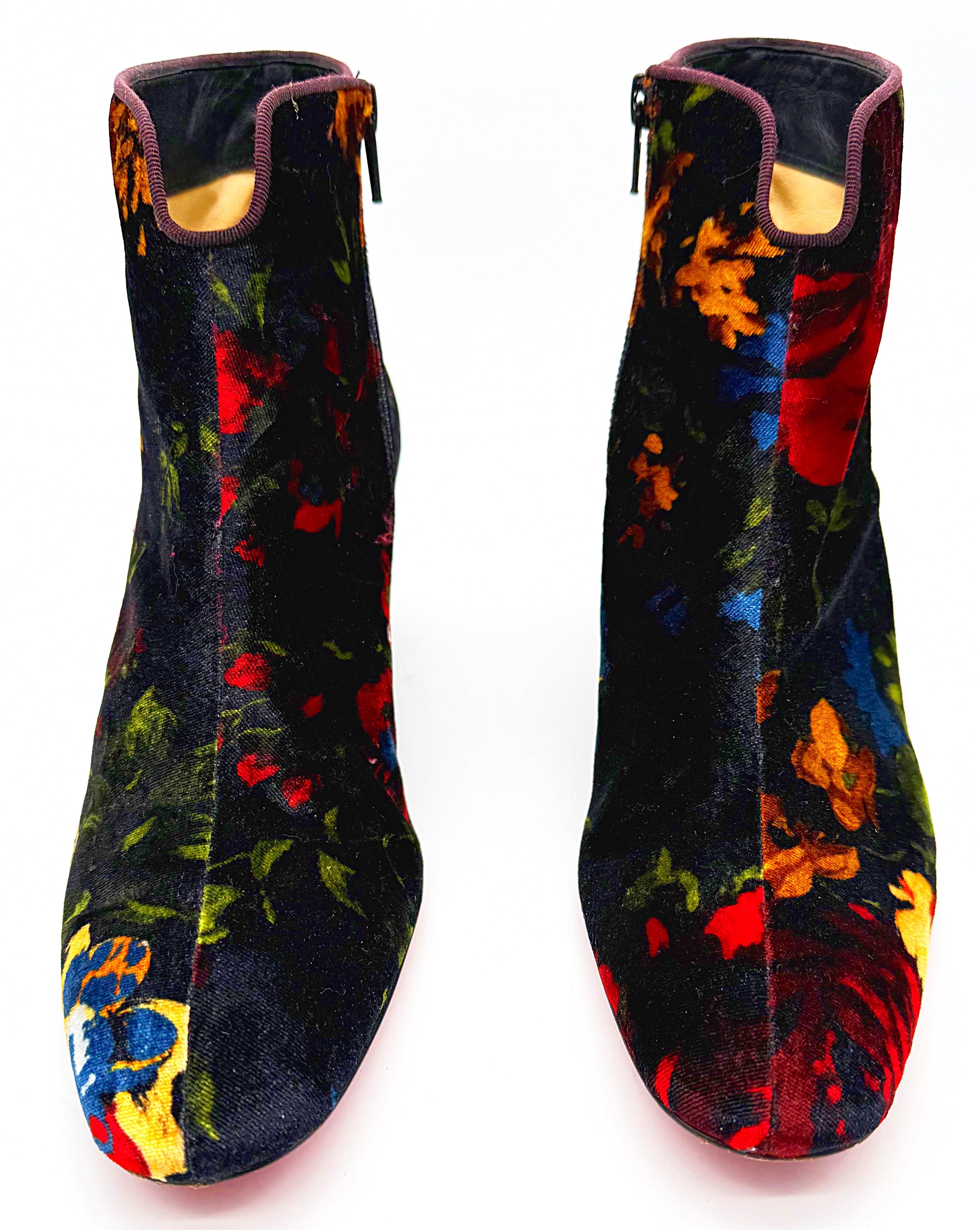 Christian Louboutin Size 39 Floral Bouquet Velvet Disco Ankle Boots Booties For Sale 11