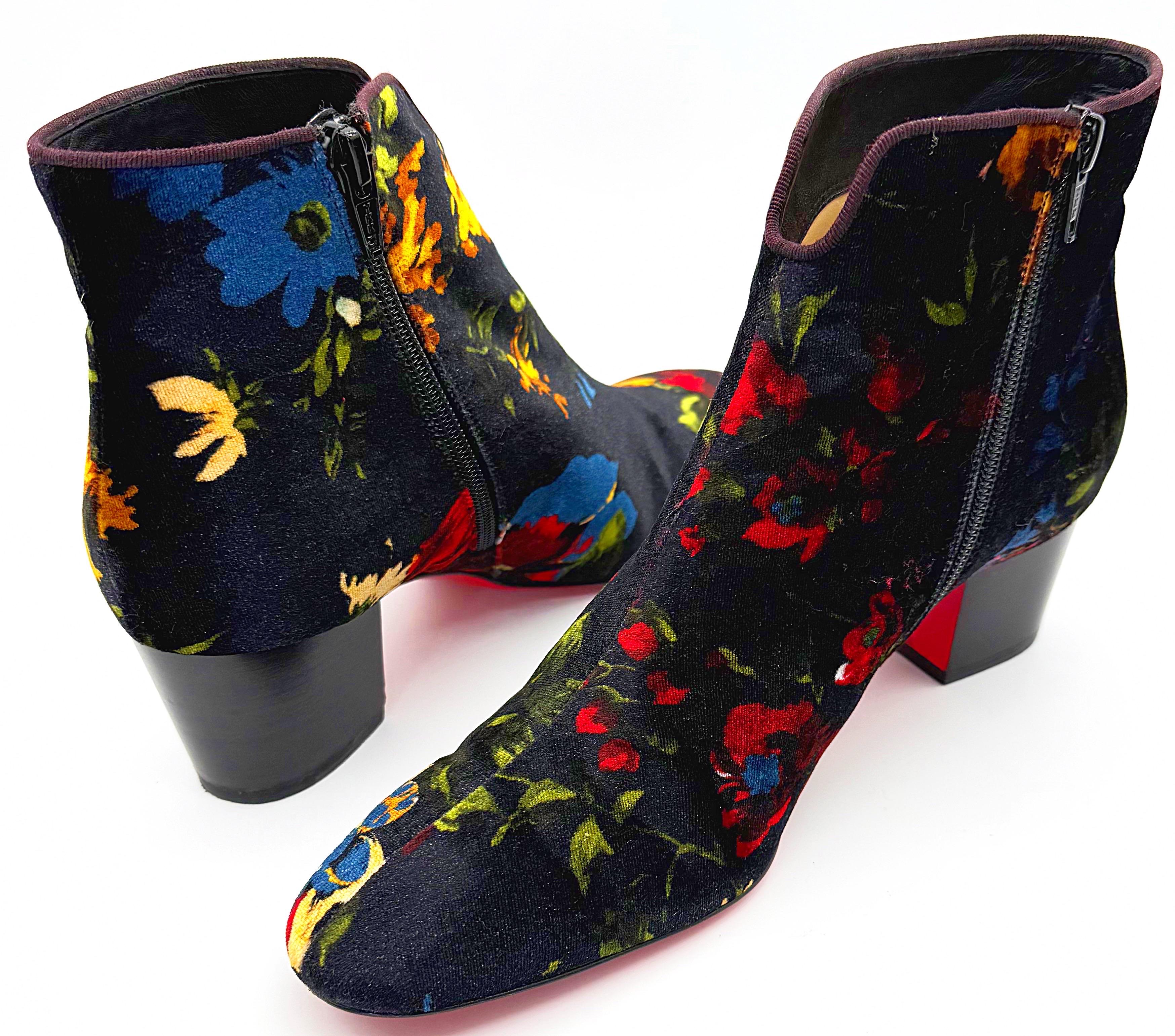 Christian Louboutin Size 39 Floral Bouquet Velvet Disco Ankle Boots Booties For Sale 12