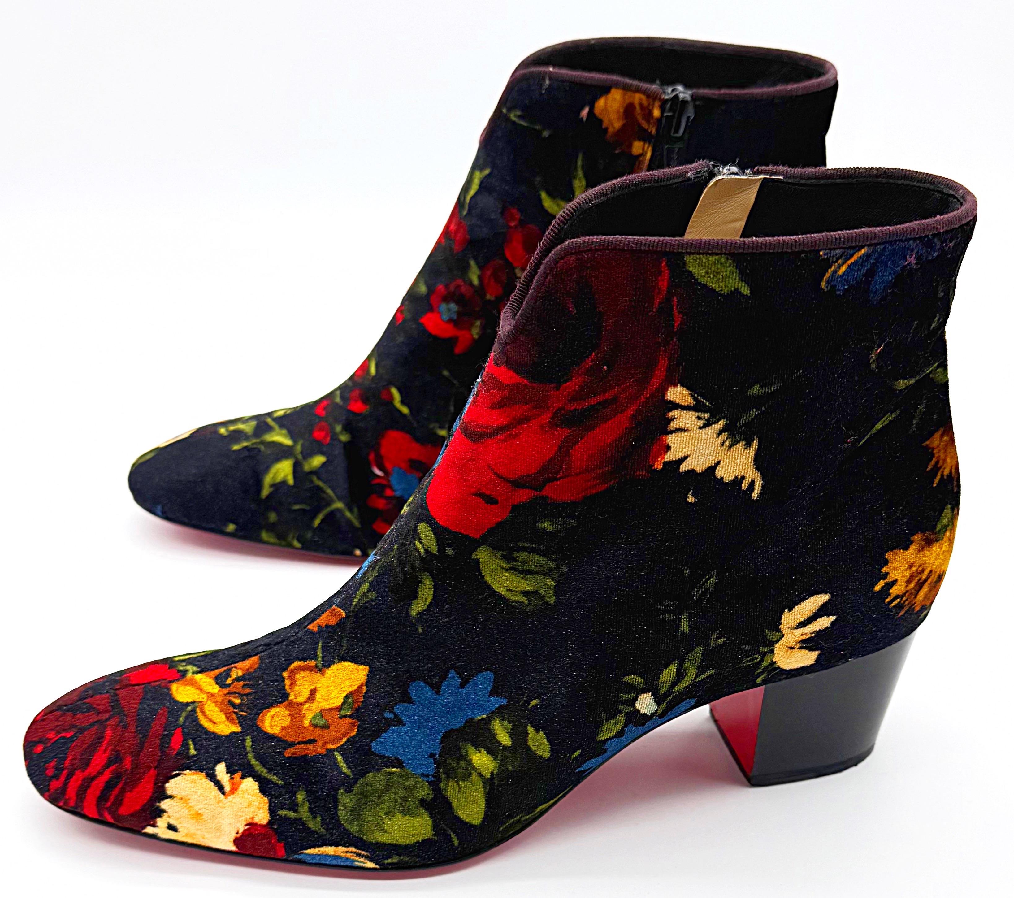 Christian Louboutin Size 39 Floral Bouquet Velvet Disco Ankle Boots Booties For Sale 13