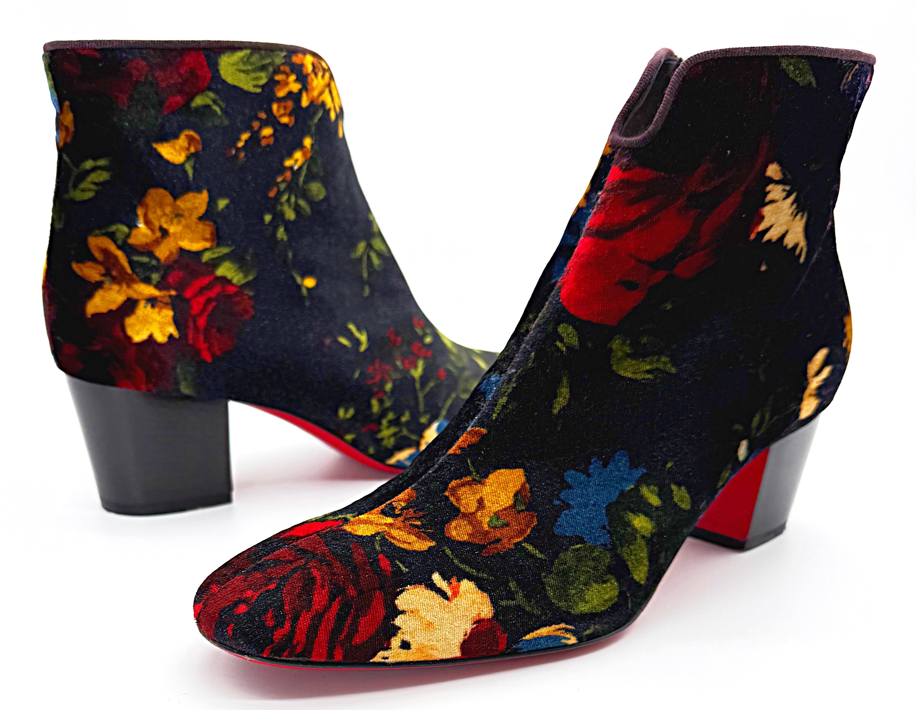 Christian Louboutin Size 39 Floral Bouquet Velvet Disco Ankle Boots Booties For Sale 14