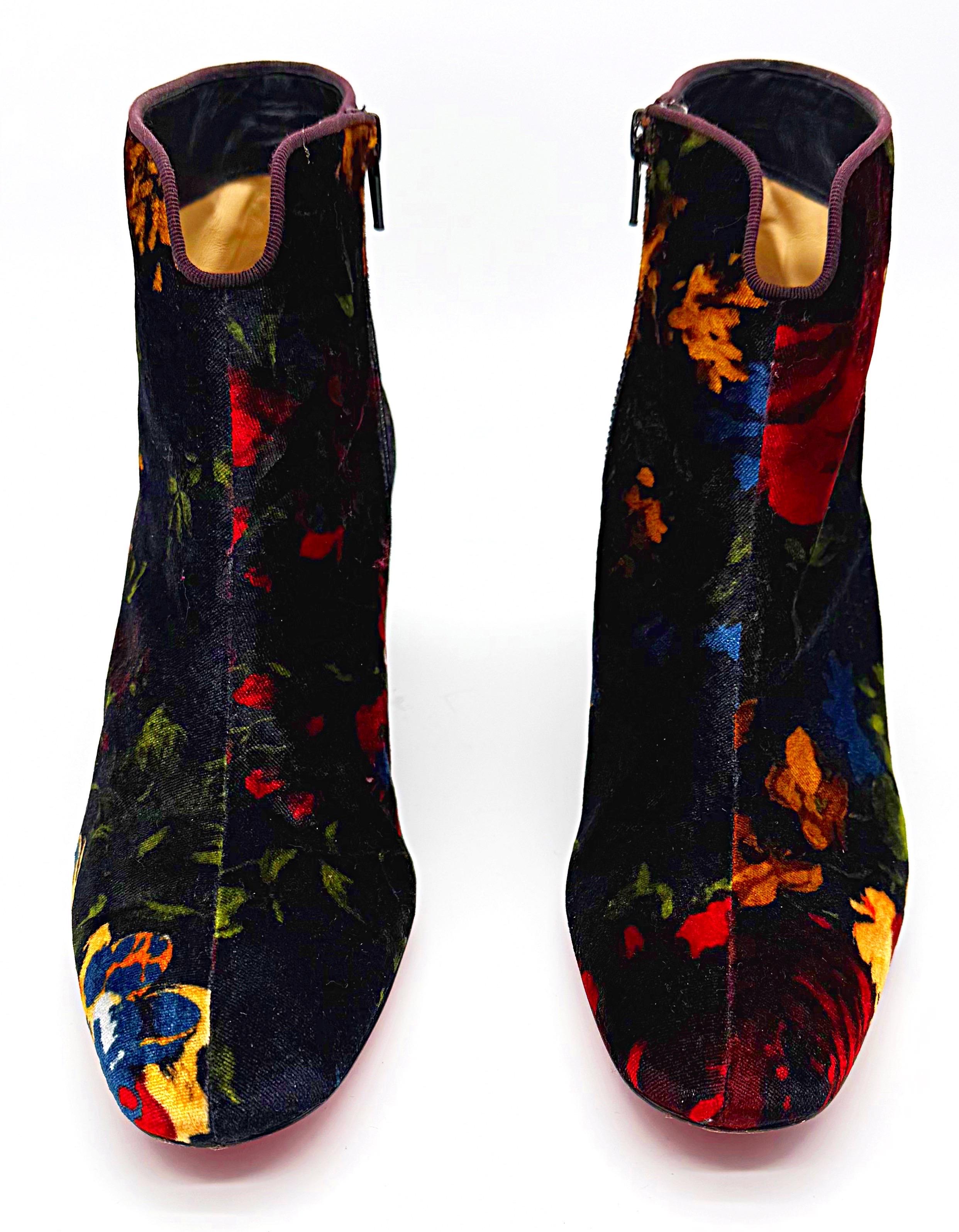 Black Christian Louboutin Size 39 Floral Bouquet Velvet Disco Ankle Boots Booties For Sale