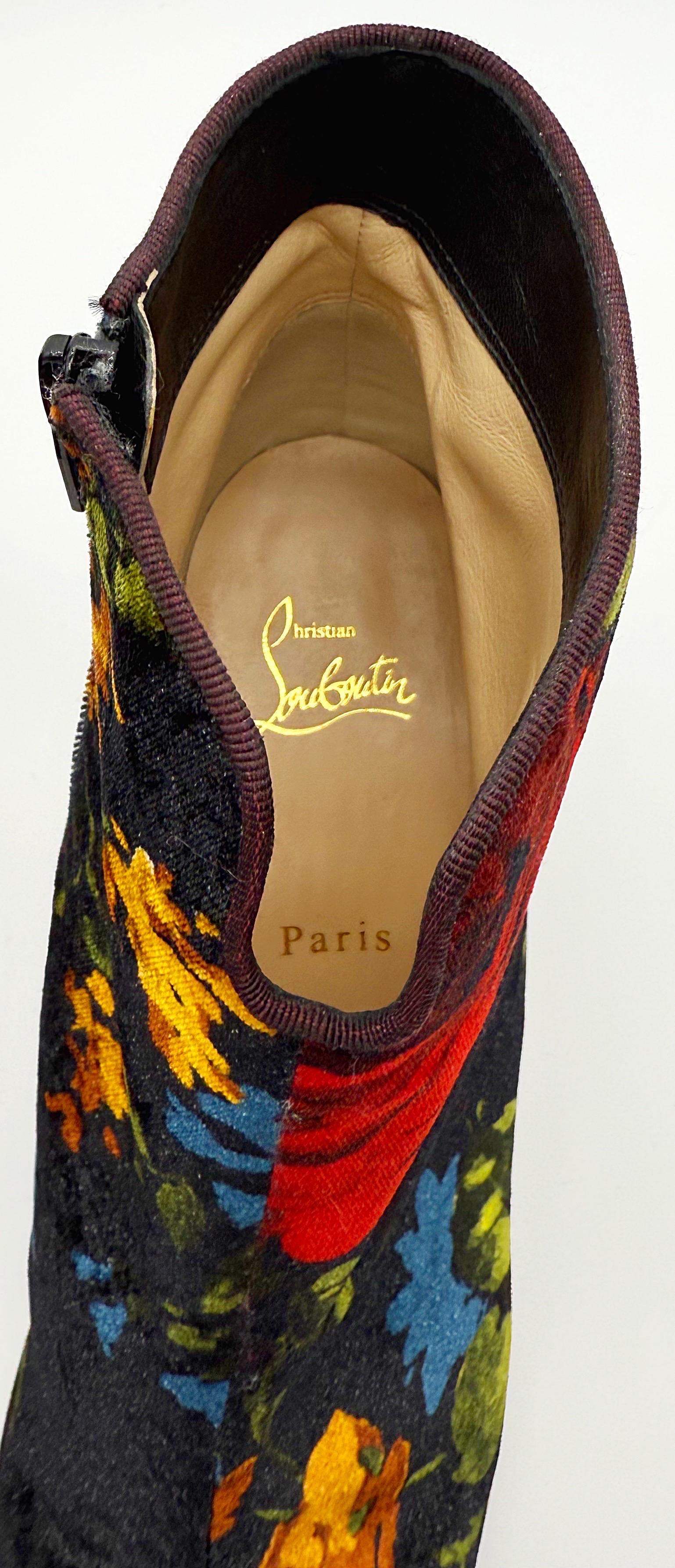 Christian Louboutin Size 39 Floral Bouquet Velvet Disco Ankle Boots Booties For Sale 2