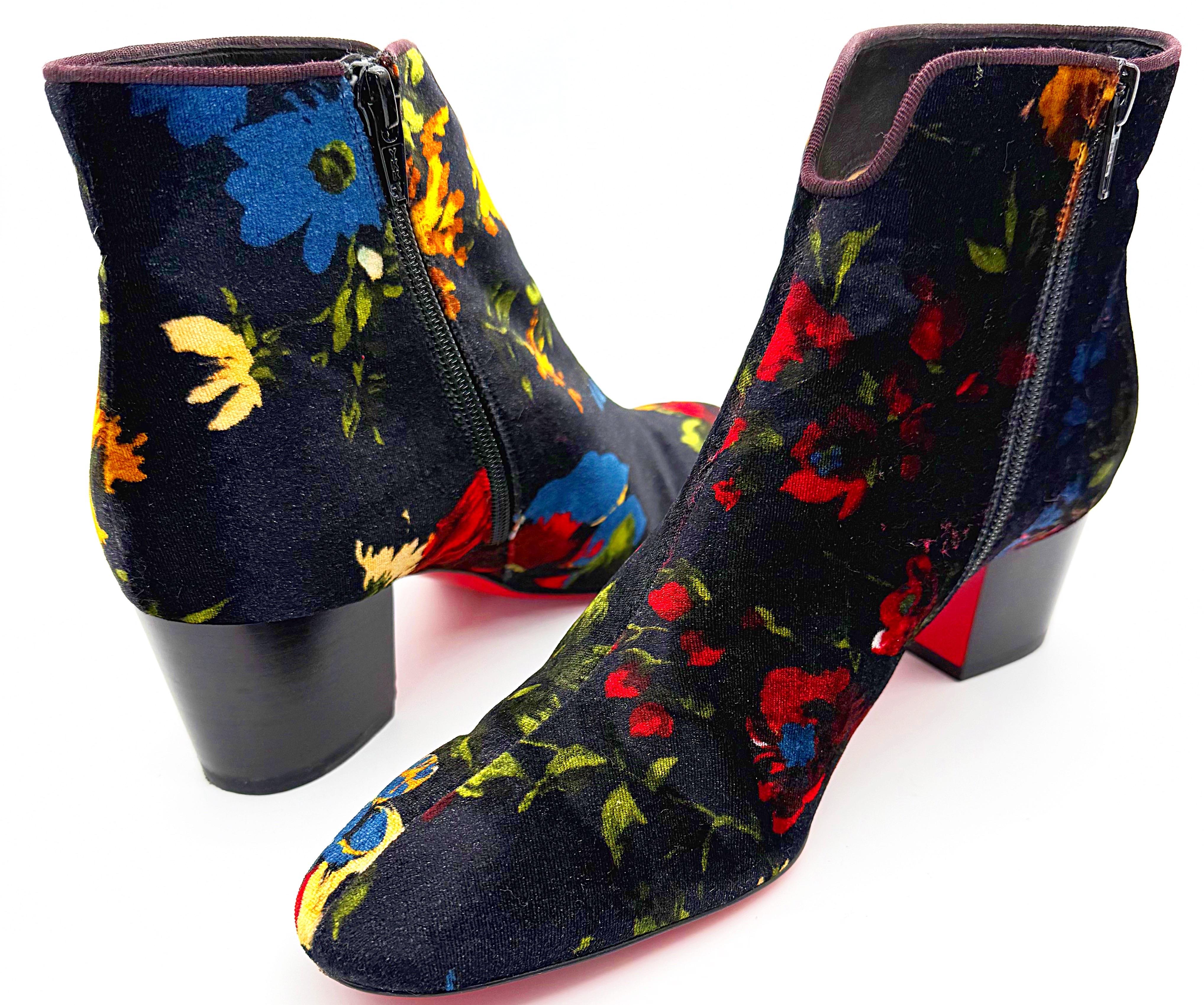 Christian Louboutin Size 39 Floral Bouquet Velvet Disco Ankle Boots Booties For Sale 3