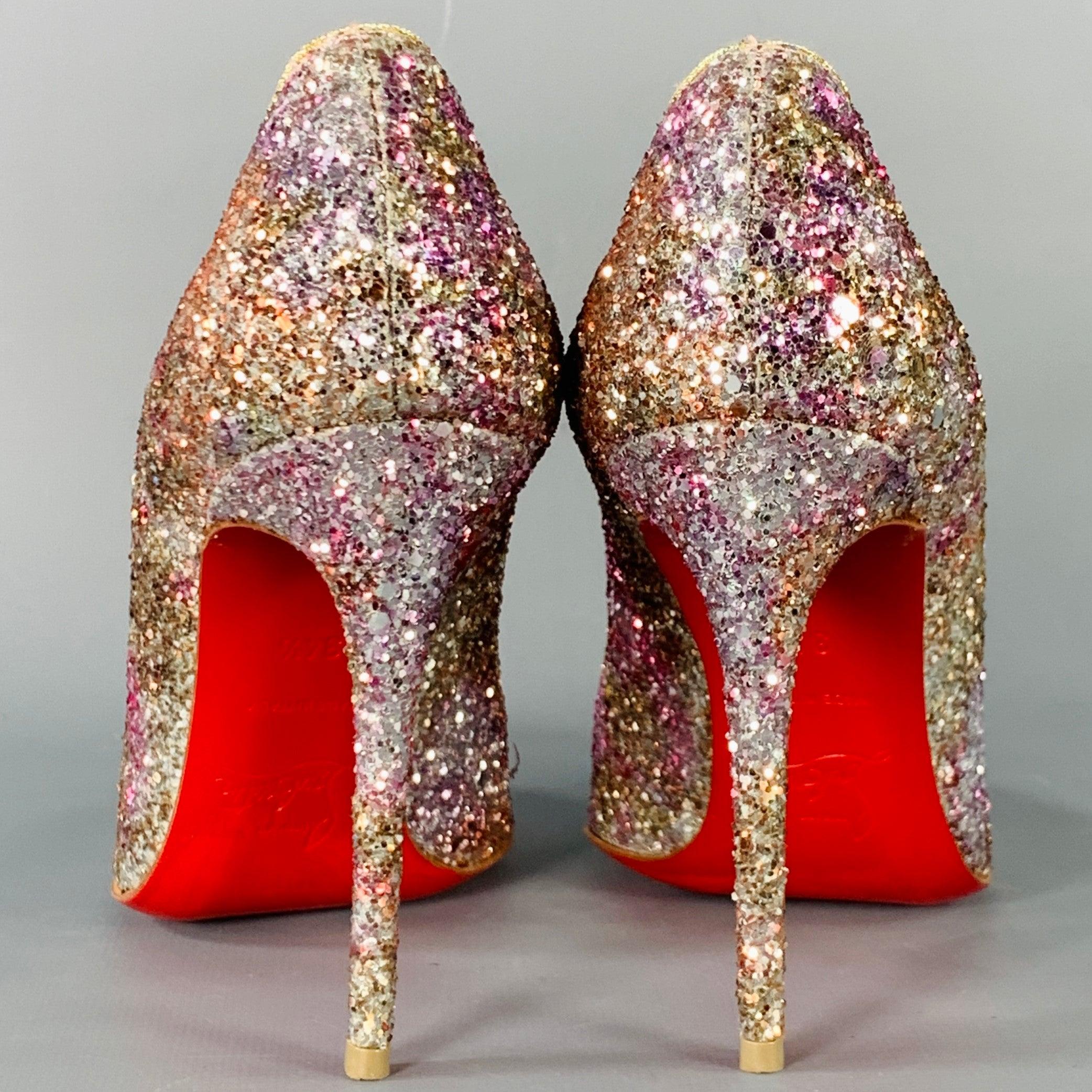 CHRISTIAN LOUBOUTIN Size 4.5 Silver Pink Glitter Stiletto Pumps In Good Condition For Sale In San Francisco, CA