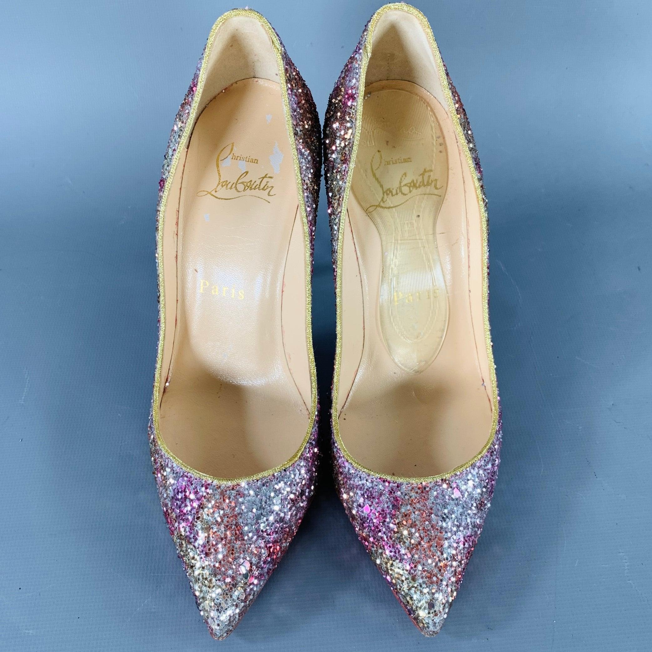 Women's CHRISTIAN LOUBOUTIN Size 4.5 Silver Pink Glitter Stiletto Pumps For Sale