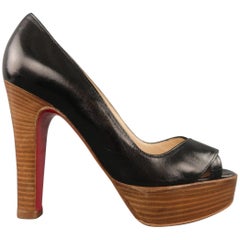CHRISTIAN LOUBOUTIN Size 5.5 Black Leather Peep Toe Stacked Platform Pumps
