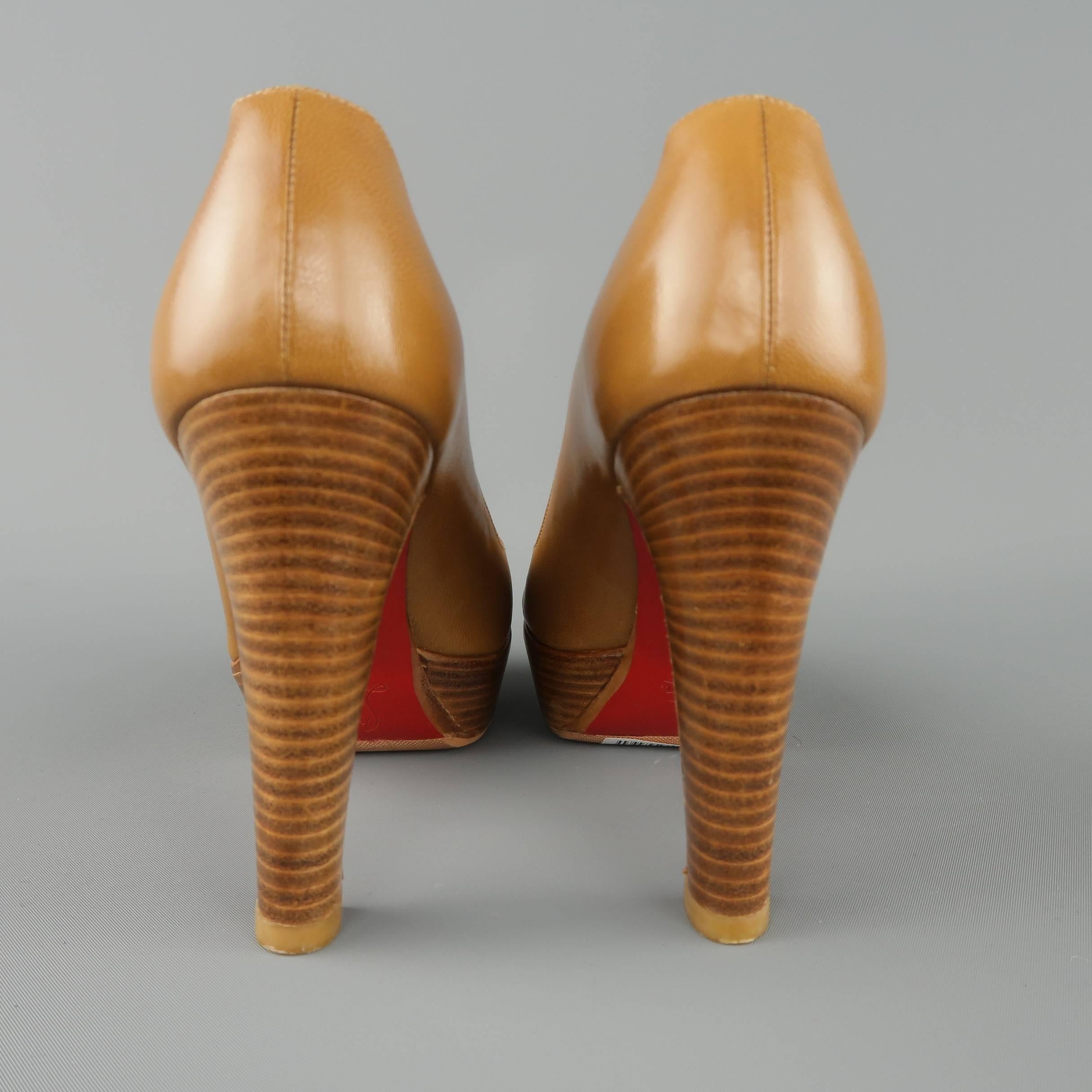 Christian Louboutin Tan Leather Peep Toe Stacked Platform Pumps In Excellent Condition In San Francisco, CA