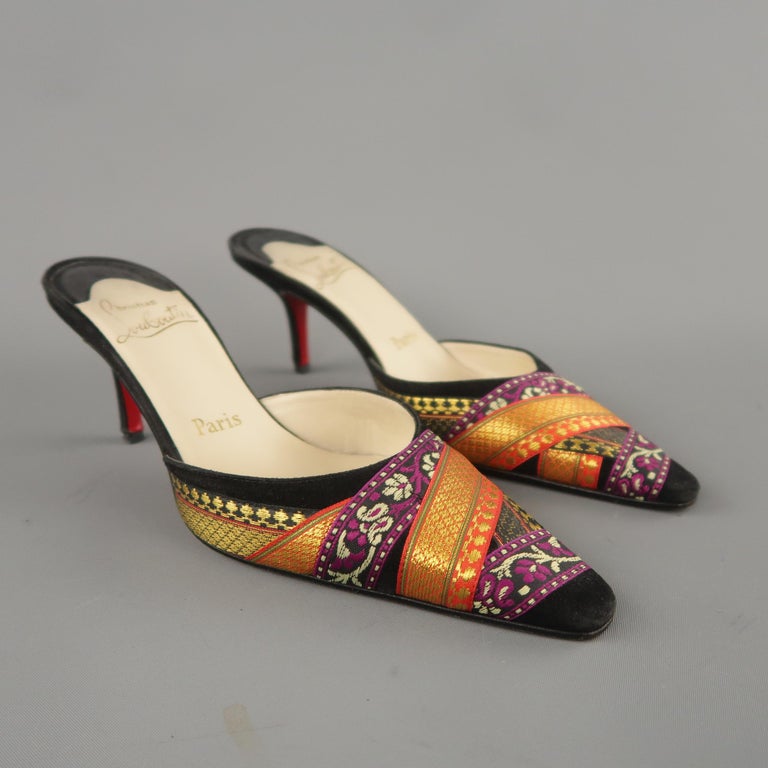 CHRISTIAN LOUBOUTIN Size 6 Black Suede Ribbon Pointed Toe Kiten Heel