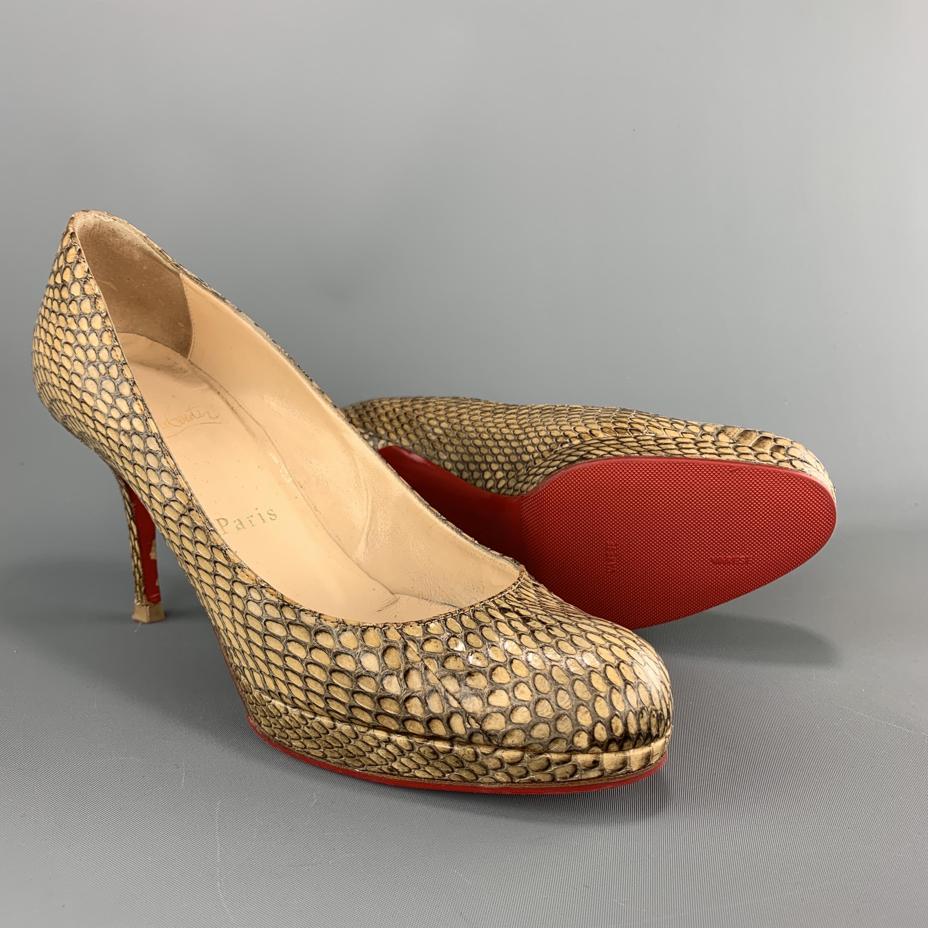 CHRISTIAN LOUBOUTIN Size 6.5 Beige Snake Skin Platform Pumps In Good Condition In San Francisco, CA