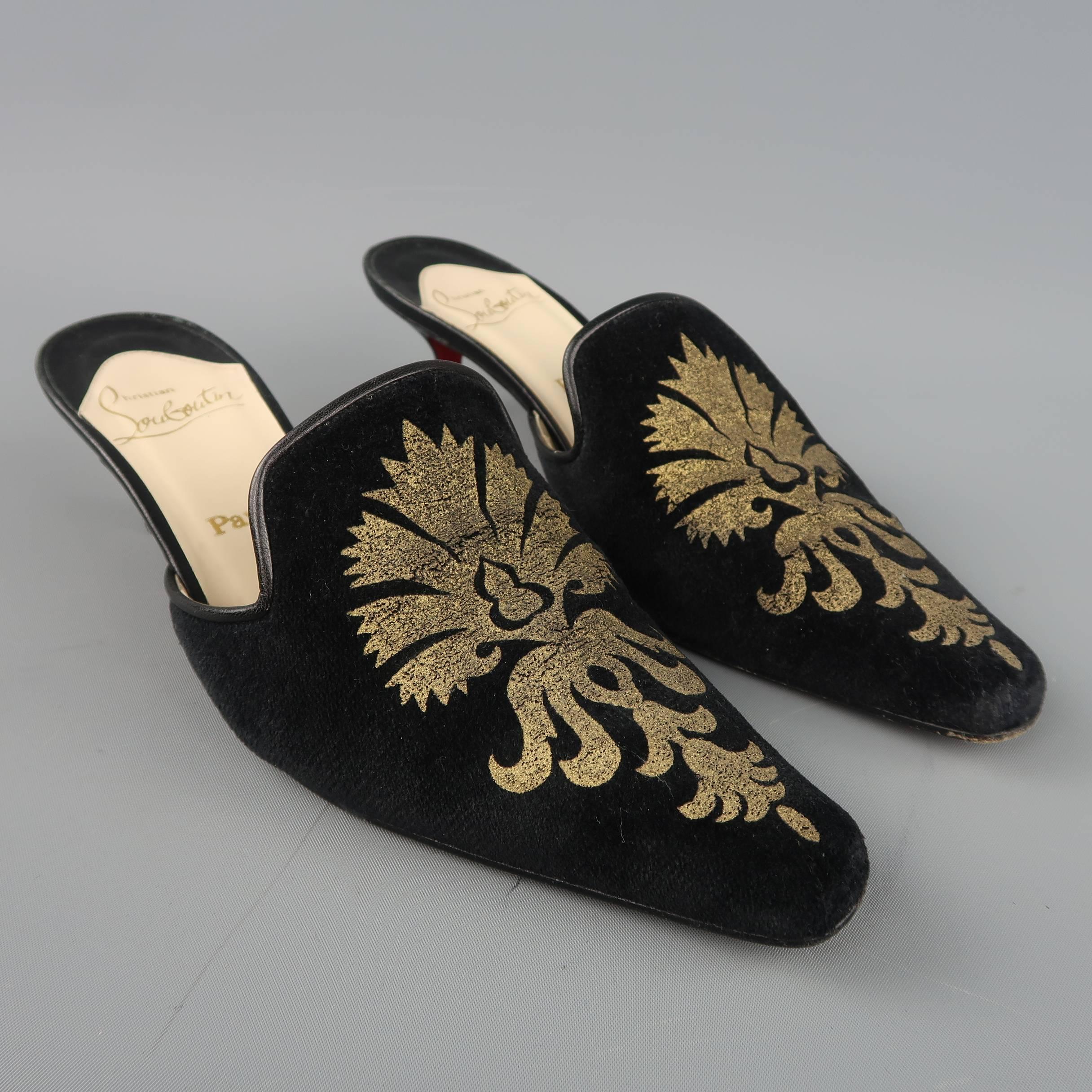 Archive CHRISTIAN LOUBOUTIN slipper mules come in black velvet with a gold brocade print, pointed toe, black leather piping, and covered kitten heel. Wear throughout. As-is. Made in Italy.
 
Fair Pre-Owned Condition.
Marked: IT 36.5
 
Measurements:
