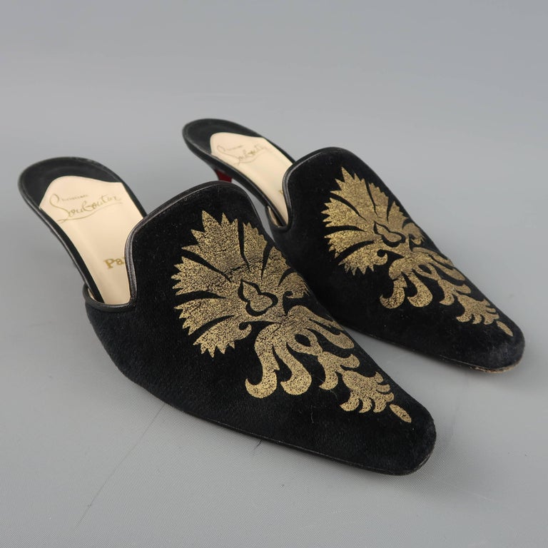 CHRISTIAN LOUBOUTIN Mules Size 6.5 Black and Gold Brocade Velvet Kitten