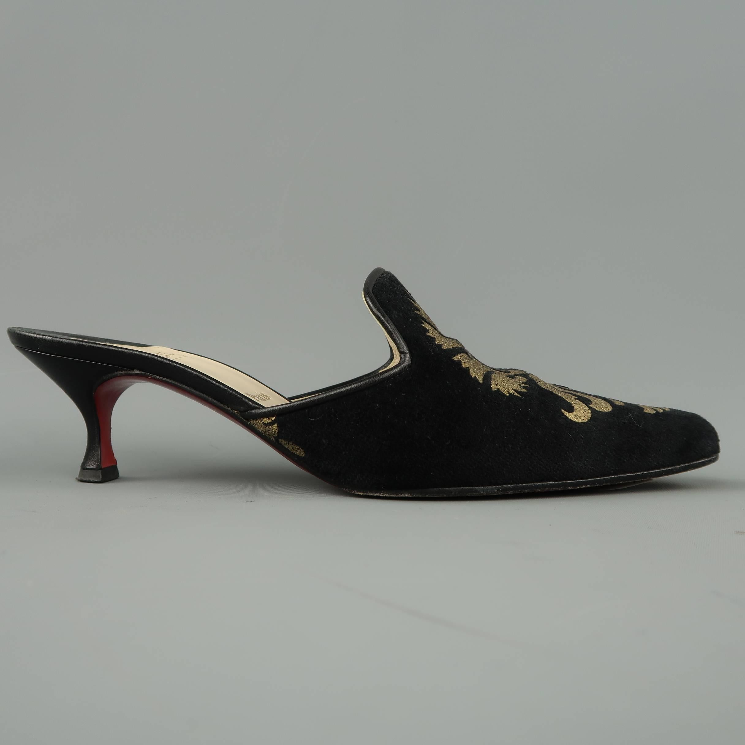 CHRISTIAN LOUBOUTIN Mules Size 6.5 Black & Gold Brocade Velvet Kitten Heel Shoes In Fair Condition In San Francisco, CA