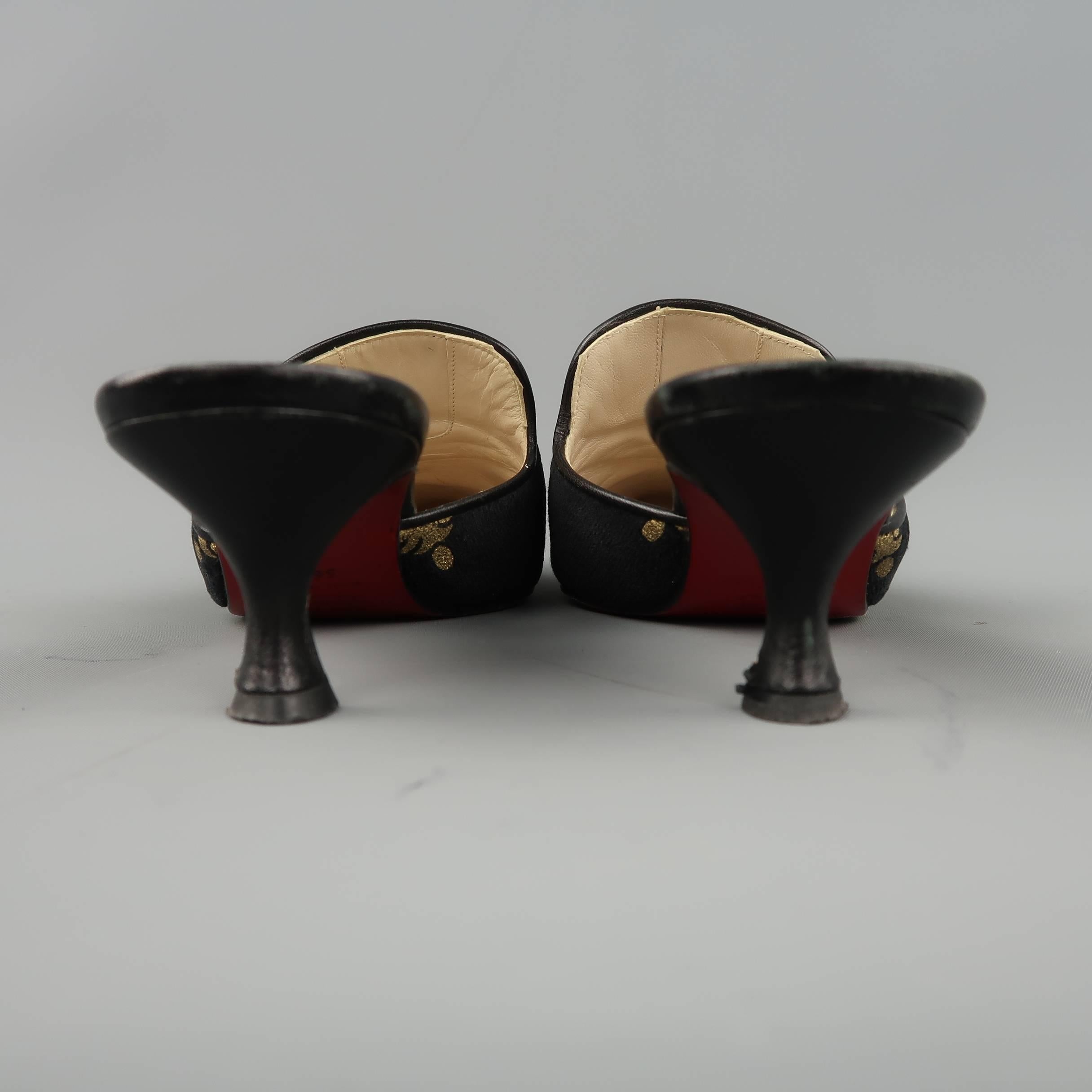 Women's CHRISTIAN LOUBOUTIN Mules Size 6.5 Black & Gold Brocade Velvet Kitten Heel Shoes