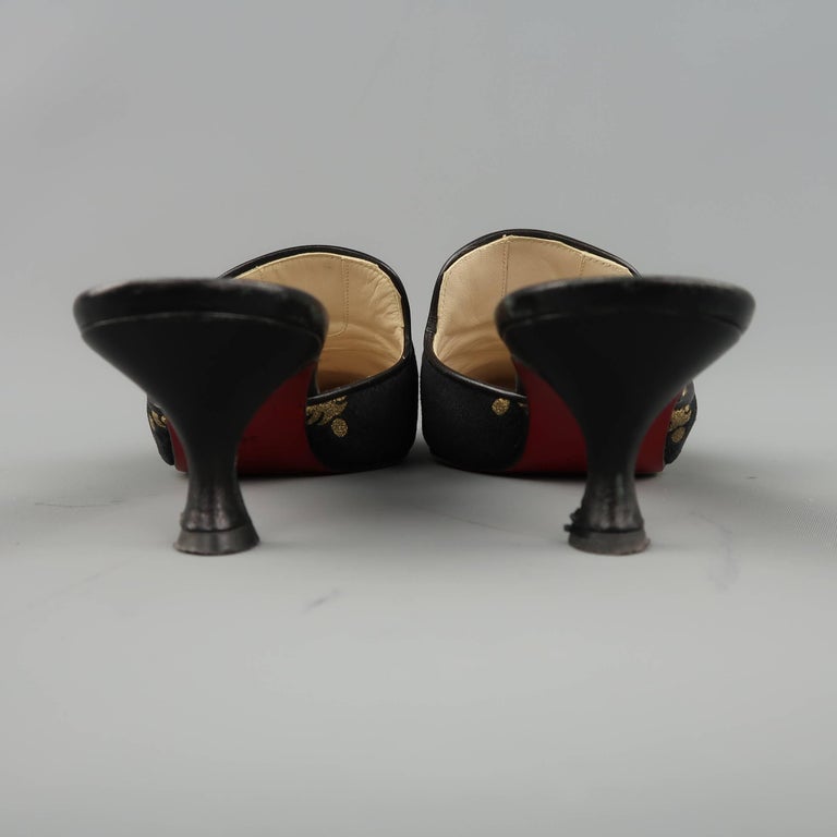 CHRISTIAN LOUBOUTIN Mules Size 6.5 Black and Gold Brocade Velvet Kitten
