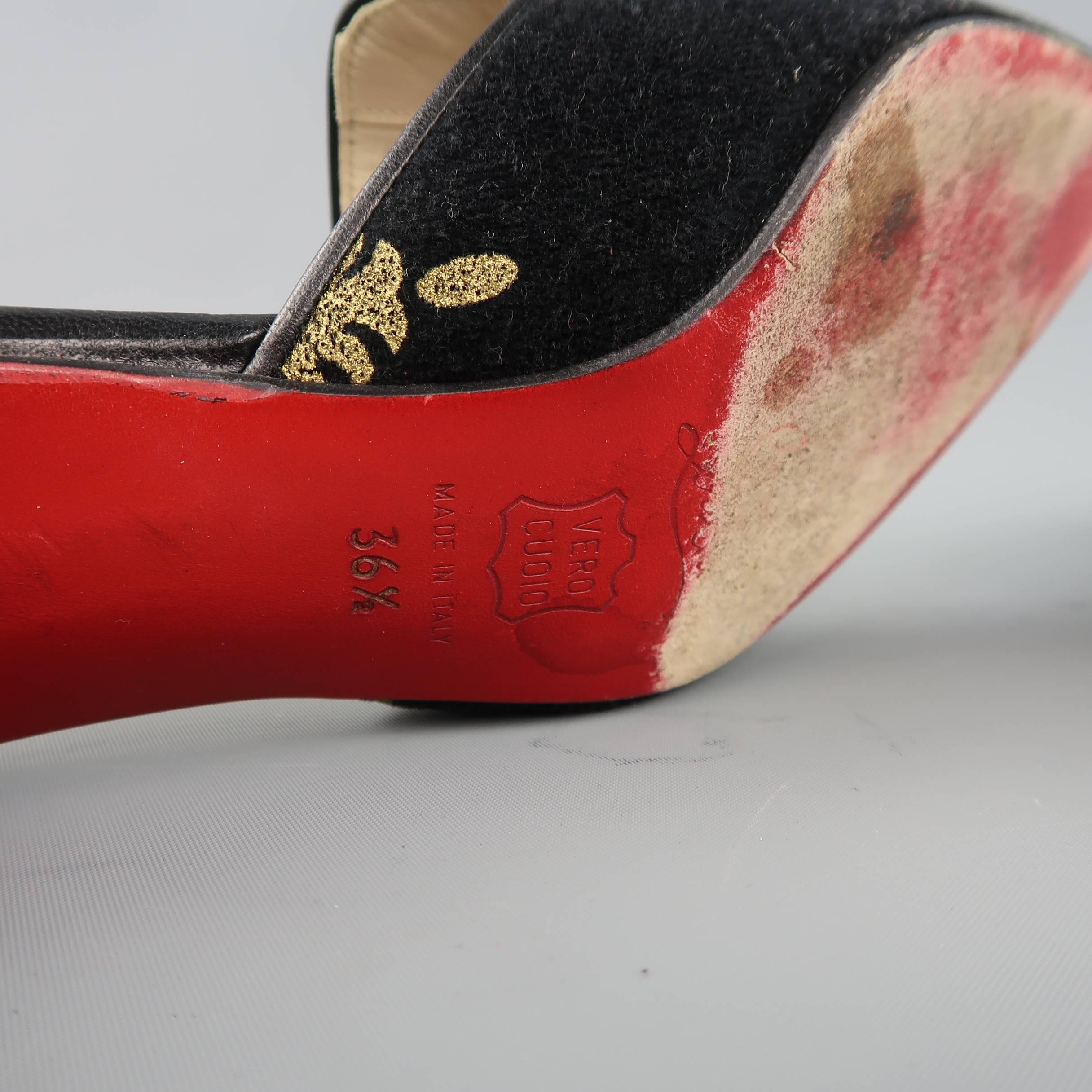 CHRISTIAN LOUBOUTIN Mules Size 6.5 Black & Gold Brocade Velvet Kitten Heel Shoes 2