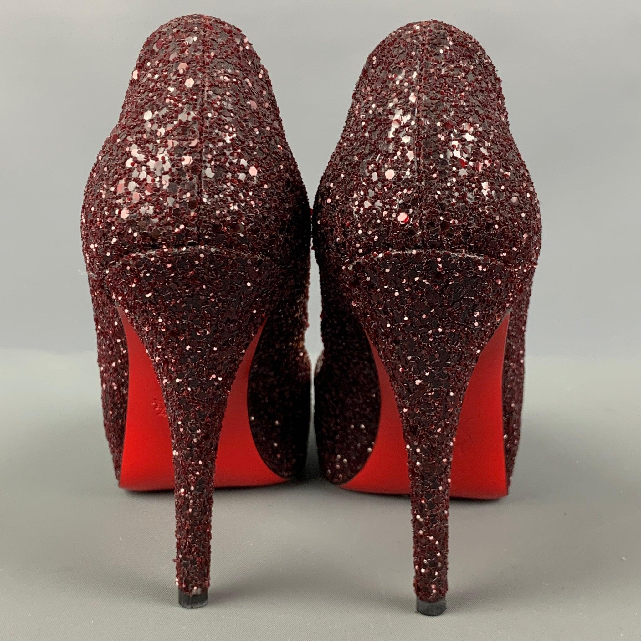 CHRISTIAN LOUBOUTIN Size 6.5 Burgundy Glitter Peep Toe Pumps In Good Condition For Sale In San Francisco, CA