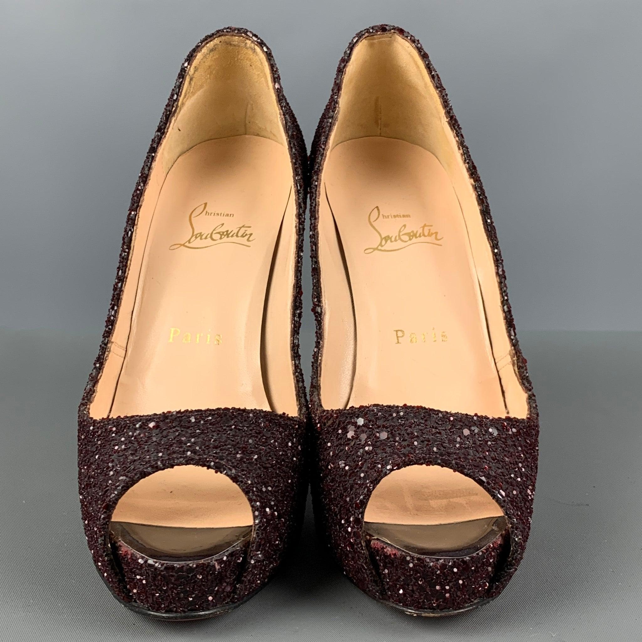 Women's CHRISTIAN LOUBOUTIN Size 6.5 Burgundy Glitter Peep Toe Pumps For Sale