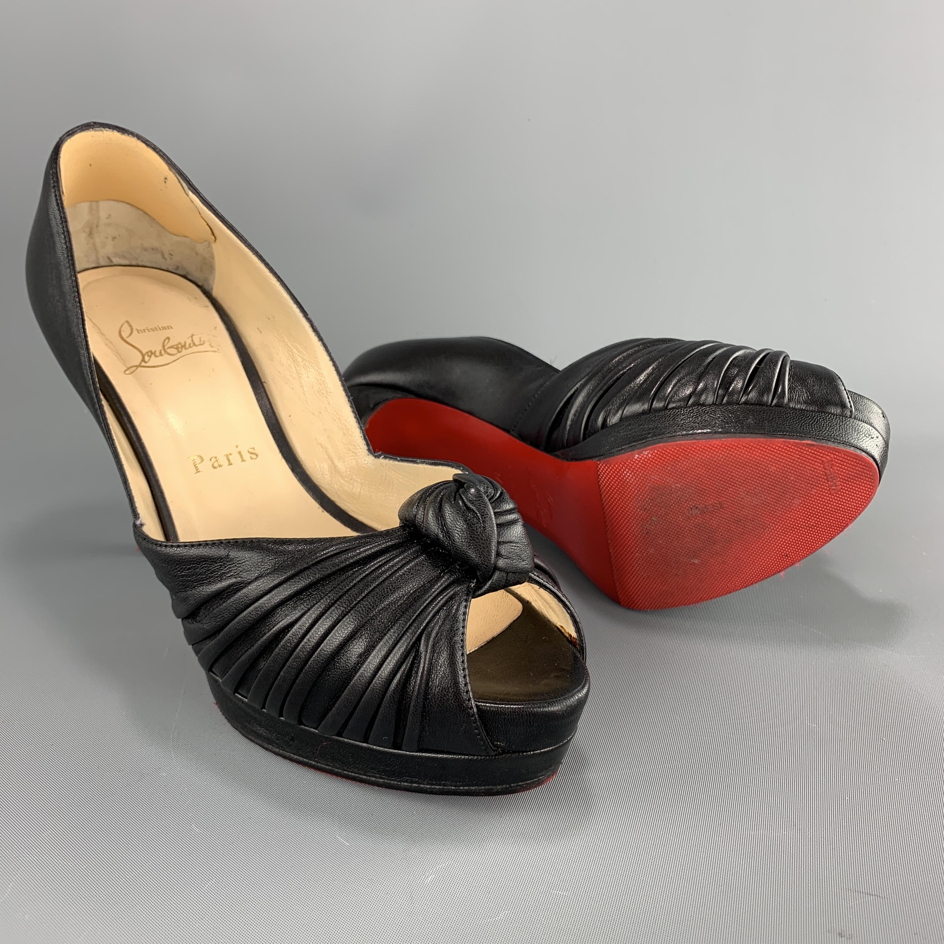 CHRISTIAN LOUBOUTIN Size 7 Black Leather Knotted Peep Toe Pumps In Good Condition In San Francisco, CA
