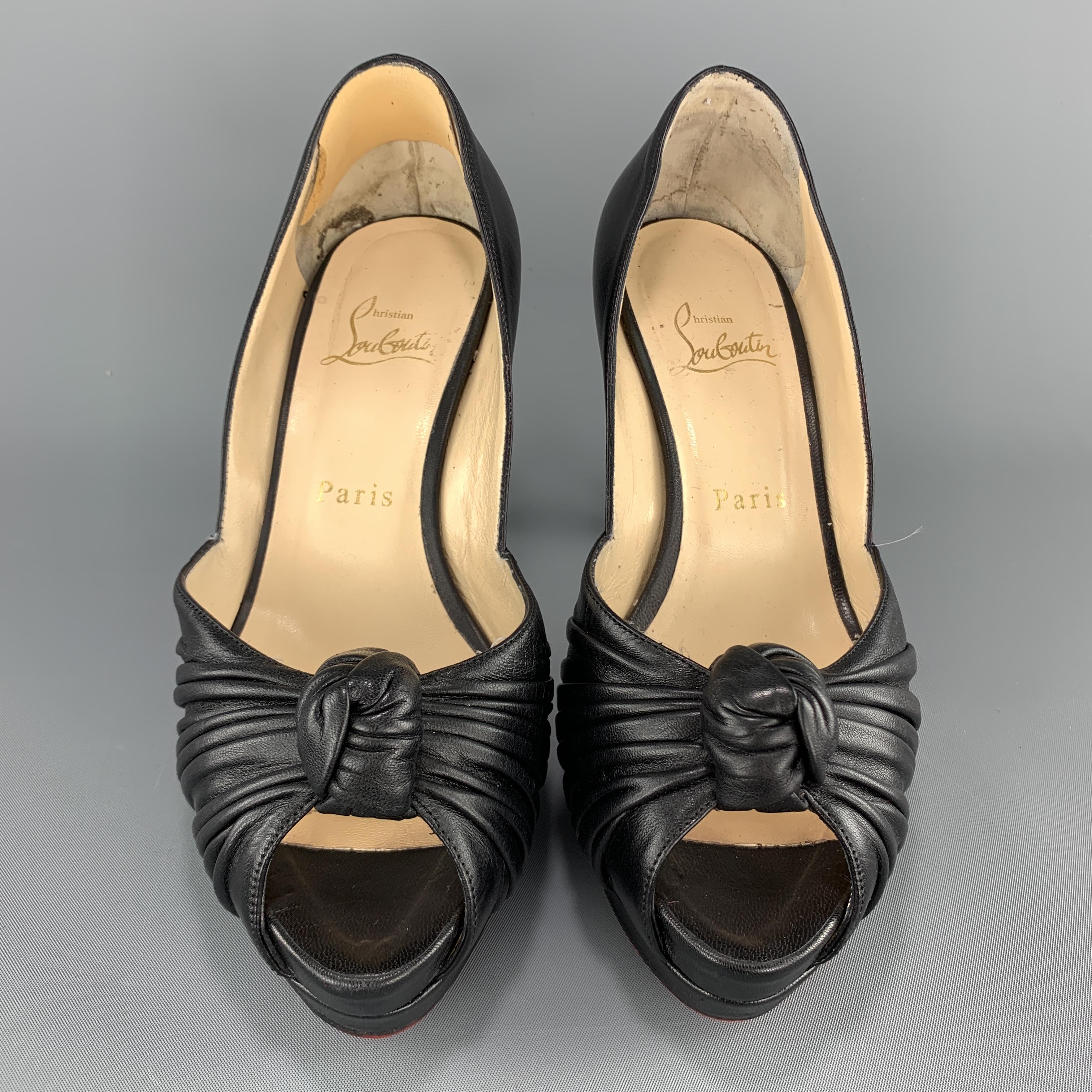 Women's CHRISTIAN LOUBOUTIN Size 7 Black Leather Knotted Peep Toe Pumps