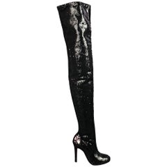 CHRISTIAN LOUBOUTIN Size 7 Black Sequined Over The Knee Round Toe Louise Boots