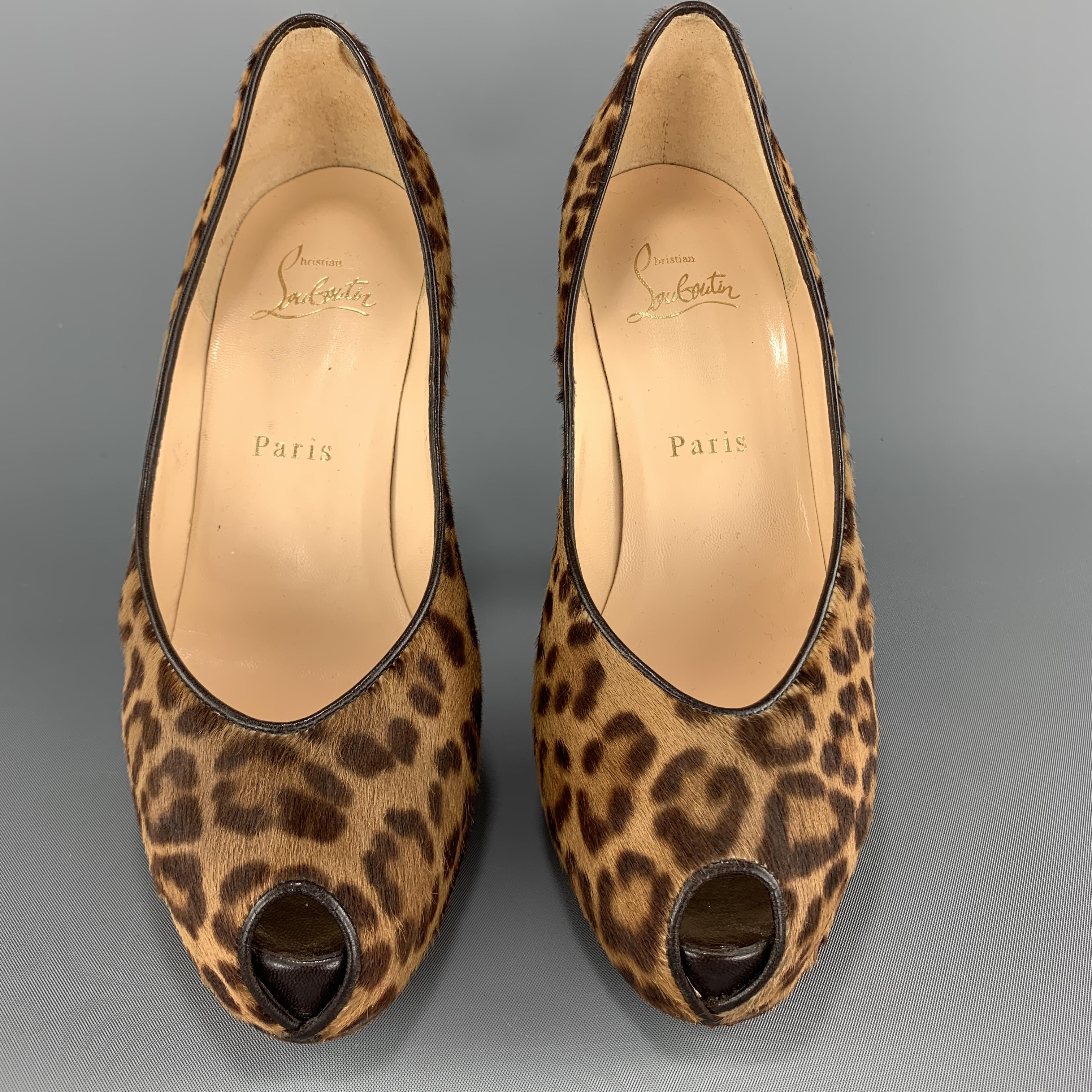 CHRISTIAN LOUBOUTIN Size 7 Leopard Print Ponyhair Calf Hair Peep Toe Pumps In Good Condition In San Francisco, CA