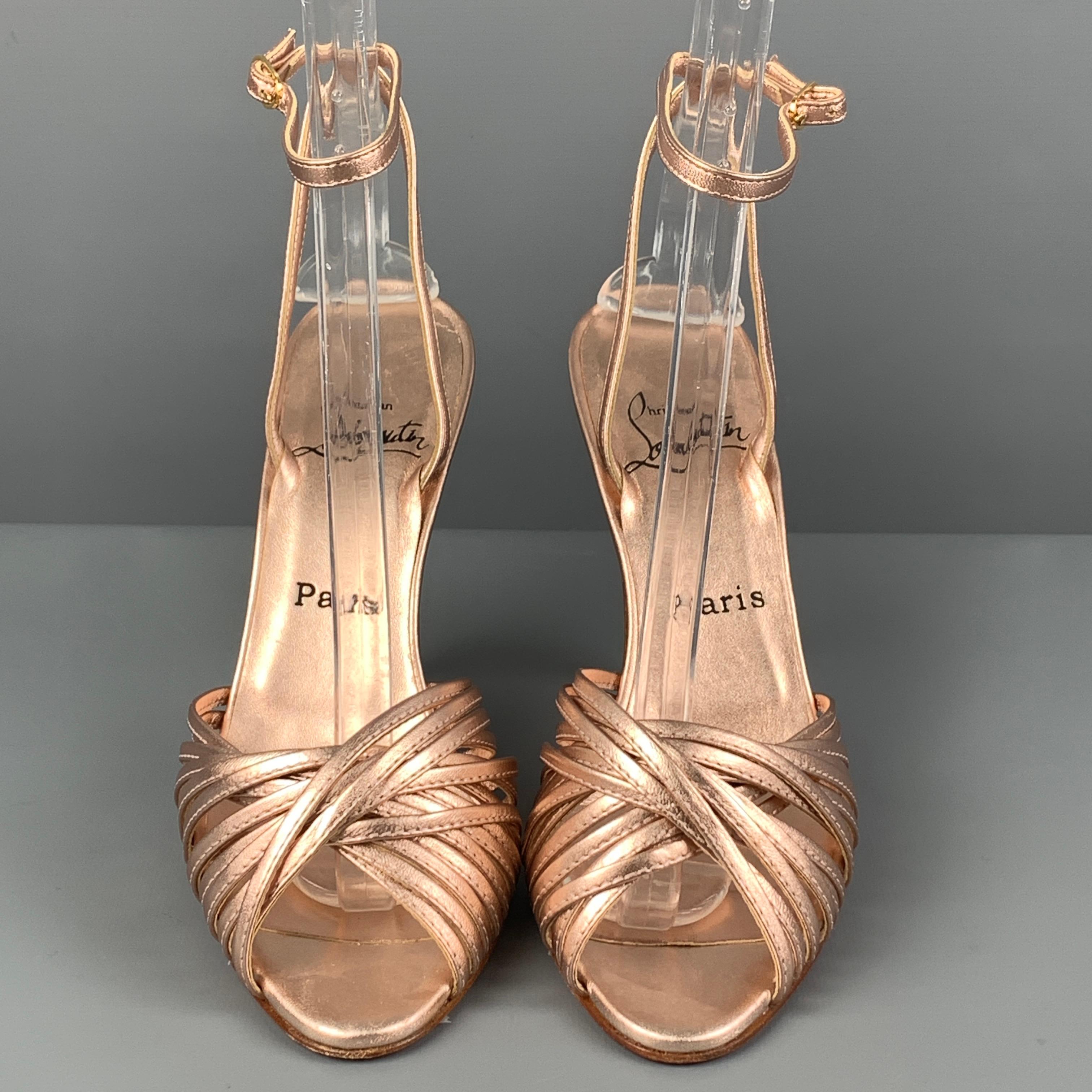 CHRISTIAN LOUBOUTIN Size 7 Rose Leather Metallic Ankle Strap Sandals In Good Condition In San Francisco, CA