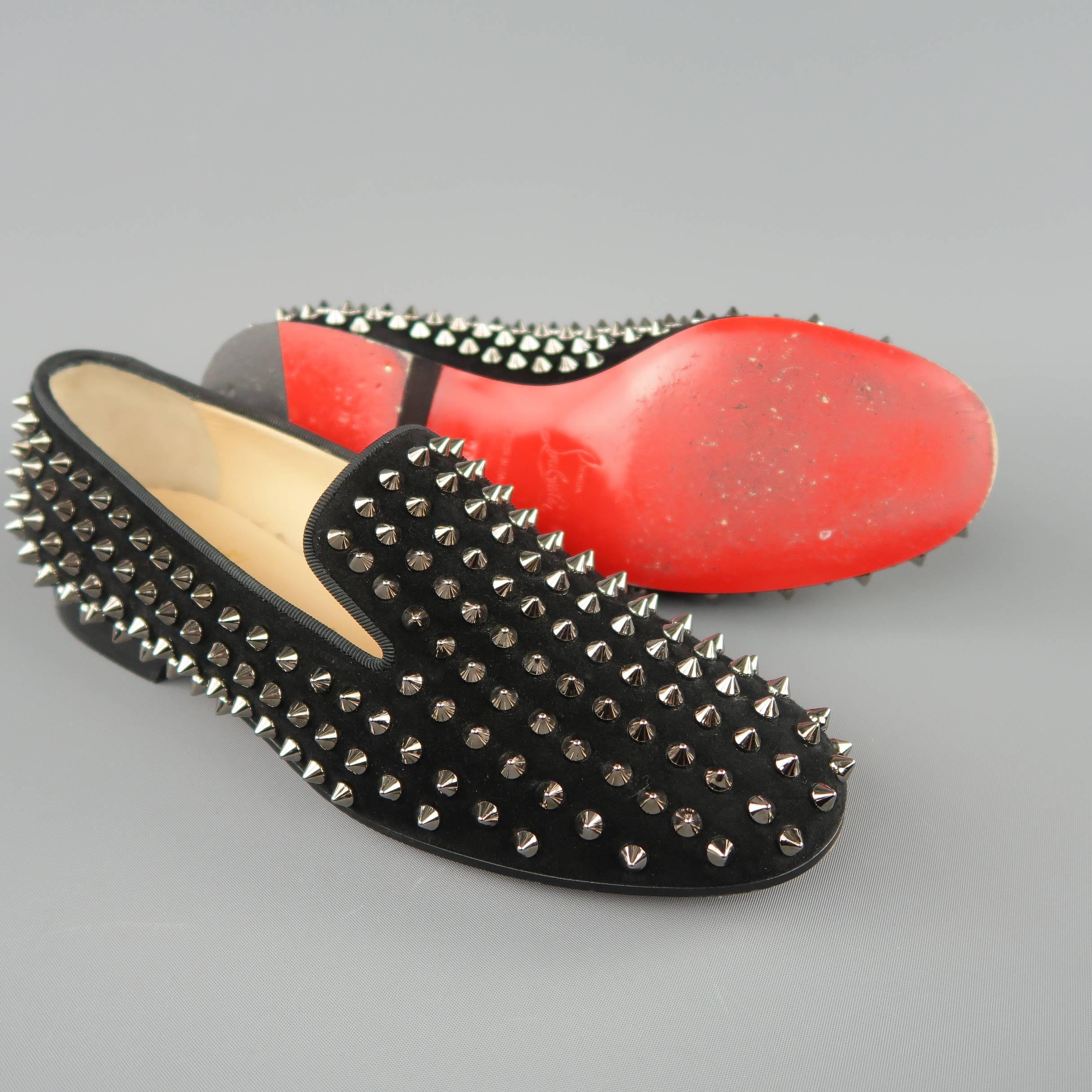 CHRISTIAN LOUBOUTIN Size 8 Black Spiked Suede Rolling Spikes Loafers In Excellent Condition In San Francisco, CA