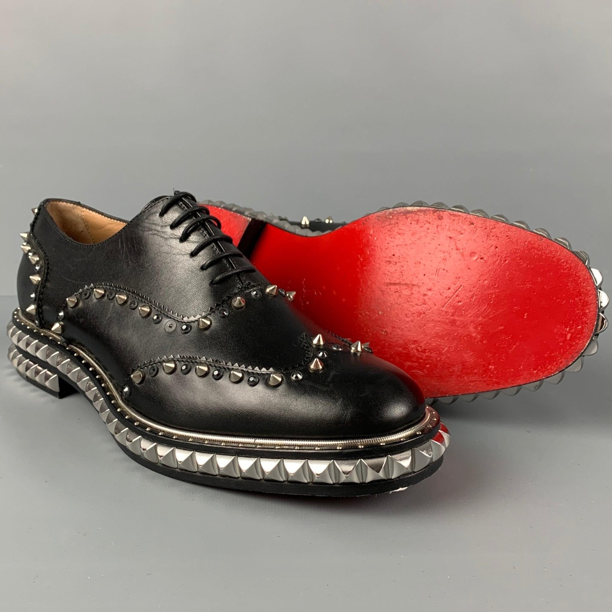 CHRISTIAN LOUBOUTIN Size 8 Black Studded Leather Wingtip Lace Up Shoes In Good Condition For Sale In San Francisco, CA