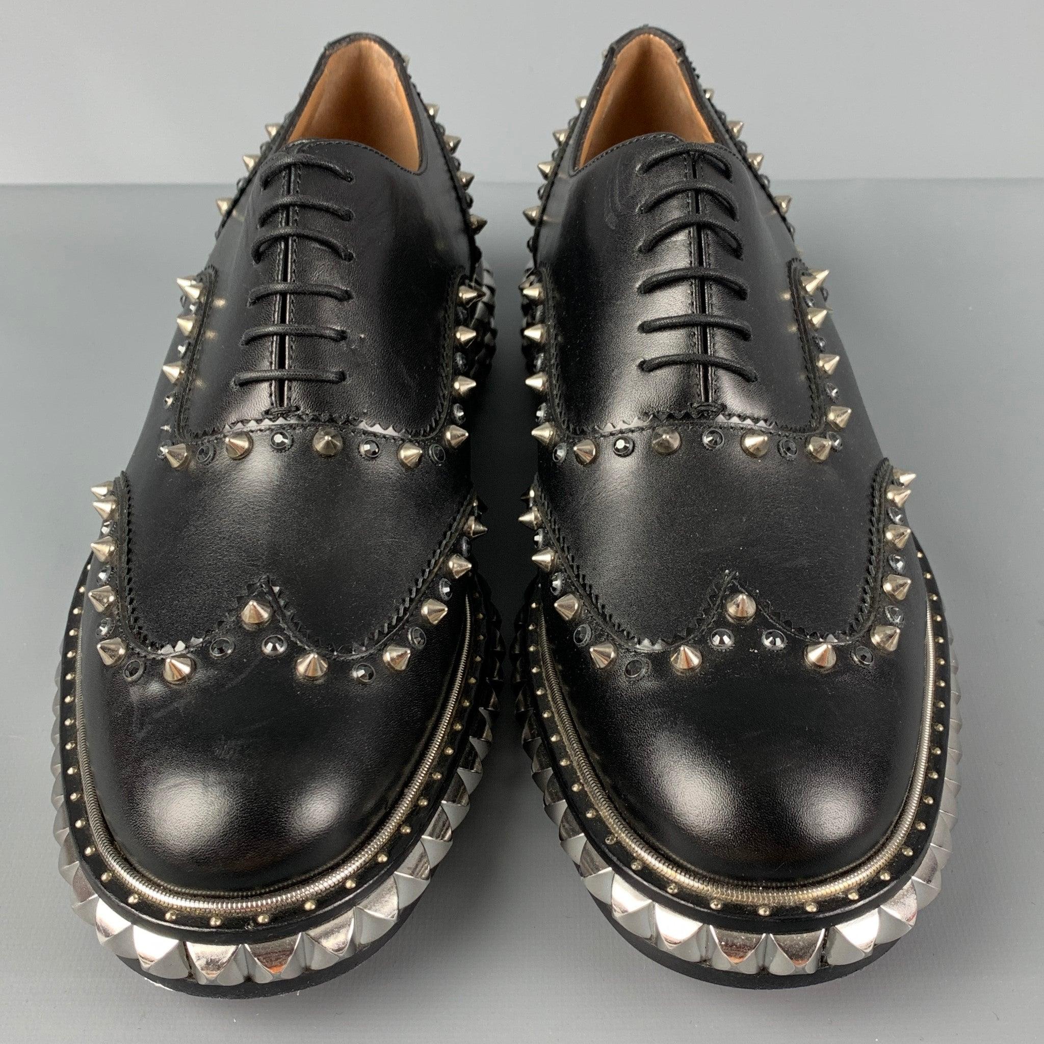 Men's CHRISTIAN LOUBOUTIN Size 8 Black Studded Leather Wingtip Lace Up Shoes For Sale