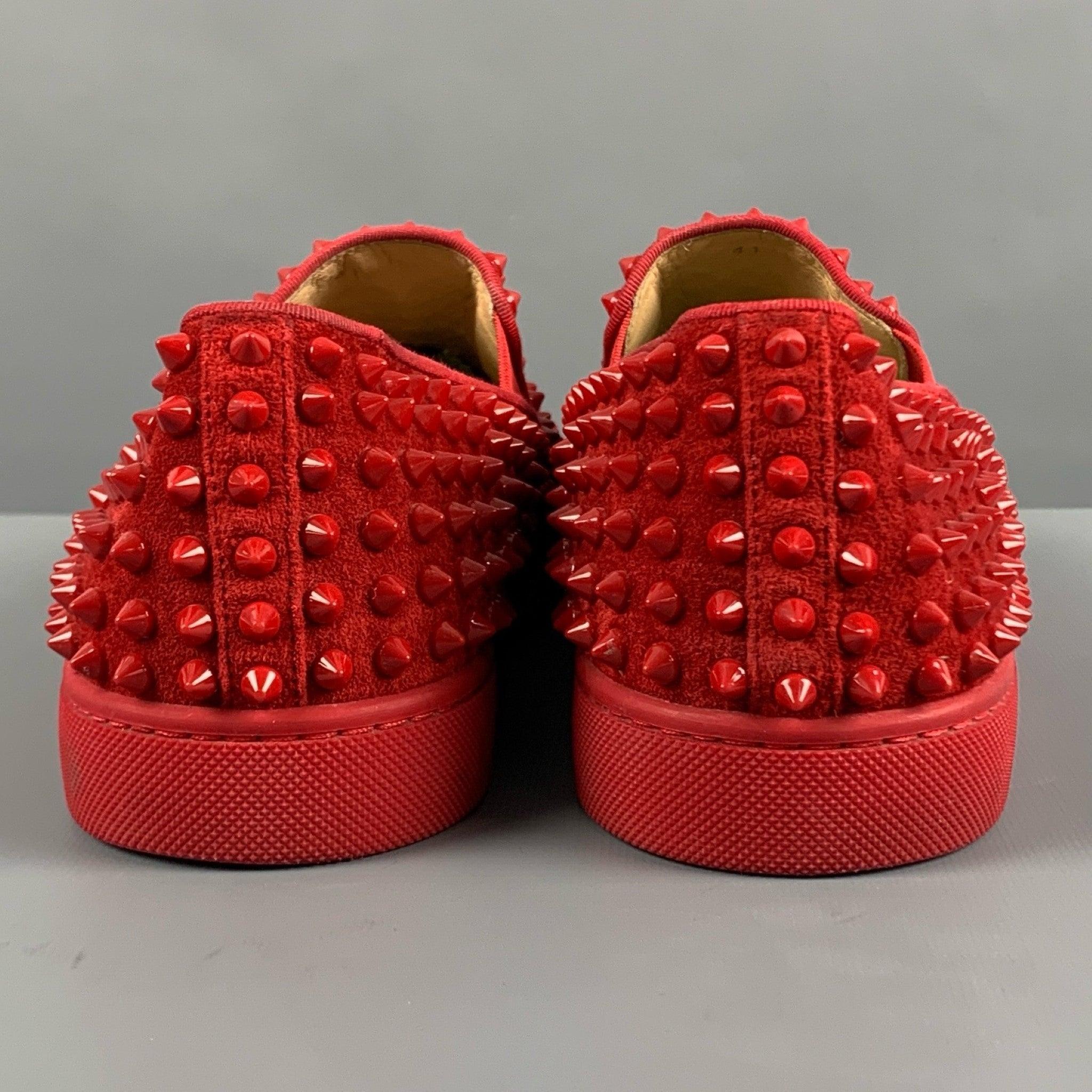 CHRISTIAN LOUBOUTIN Size 8 Red Studded Leather Slip On Sneakers In Good Condition For Sale In San Francisco, CA
