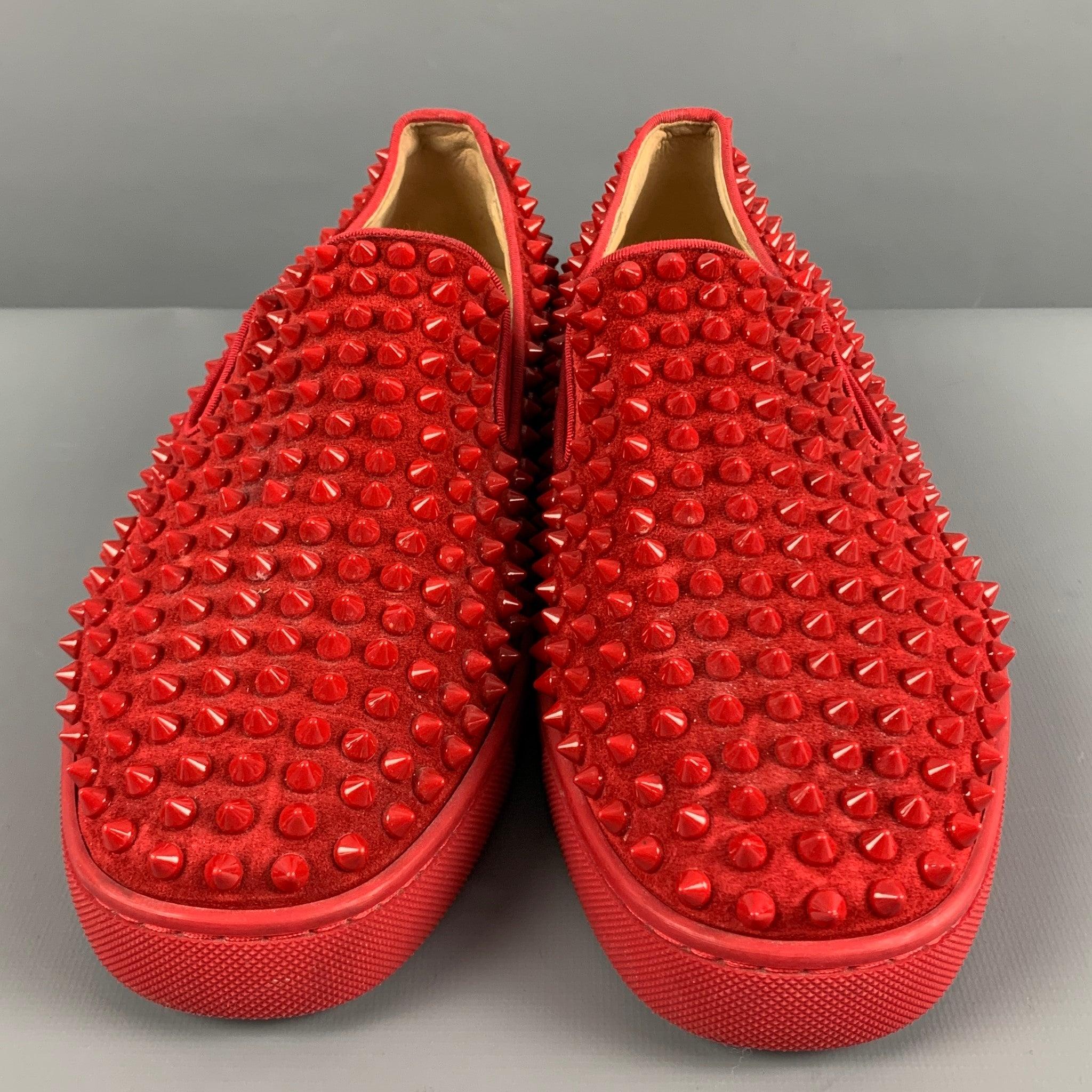 Men's CHRISTIAN LOUBOUTIN Size 8 Red Studded Leather Slip On Sneakers For Sale