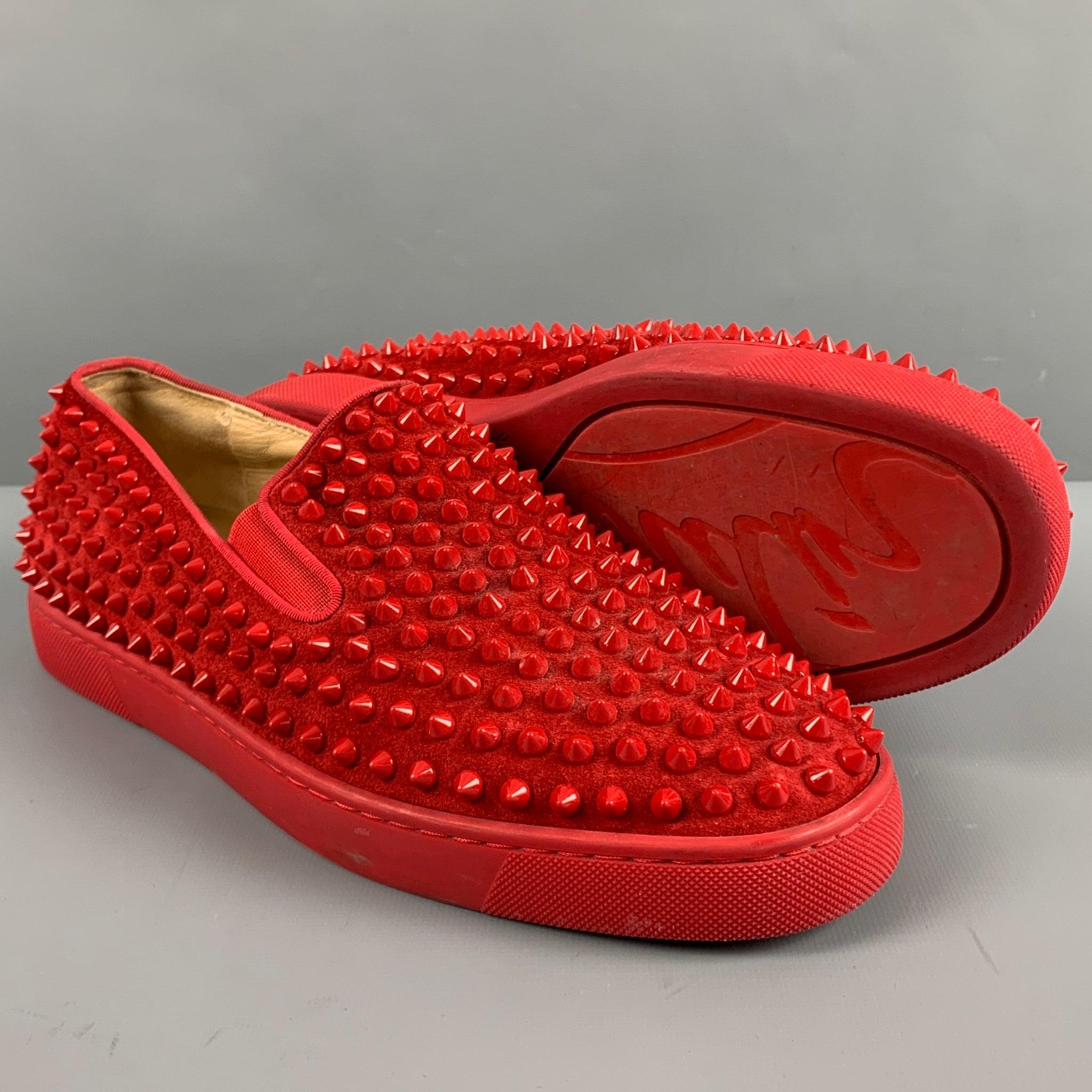 CHRISTIAN LOUBOUTIN Size 8 Red Studded Leather Slip On Sneakers For Sale 1