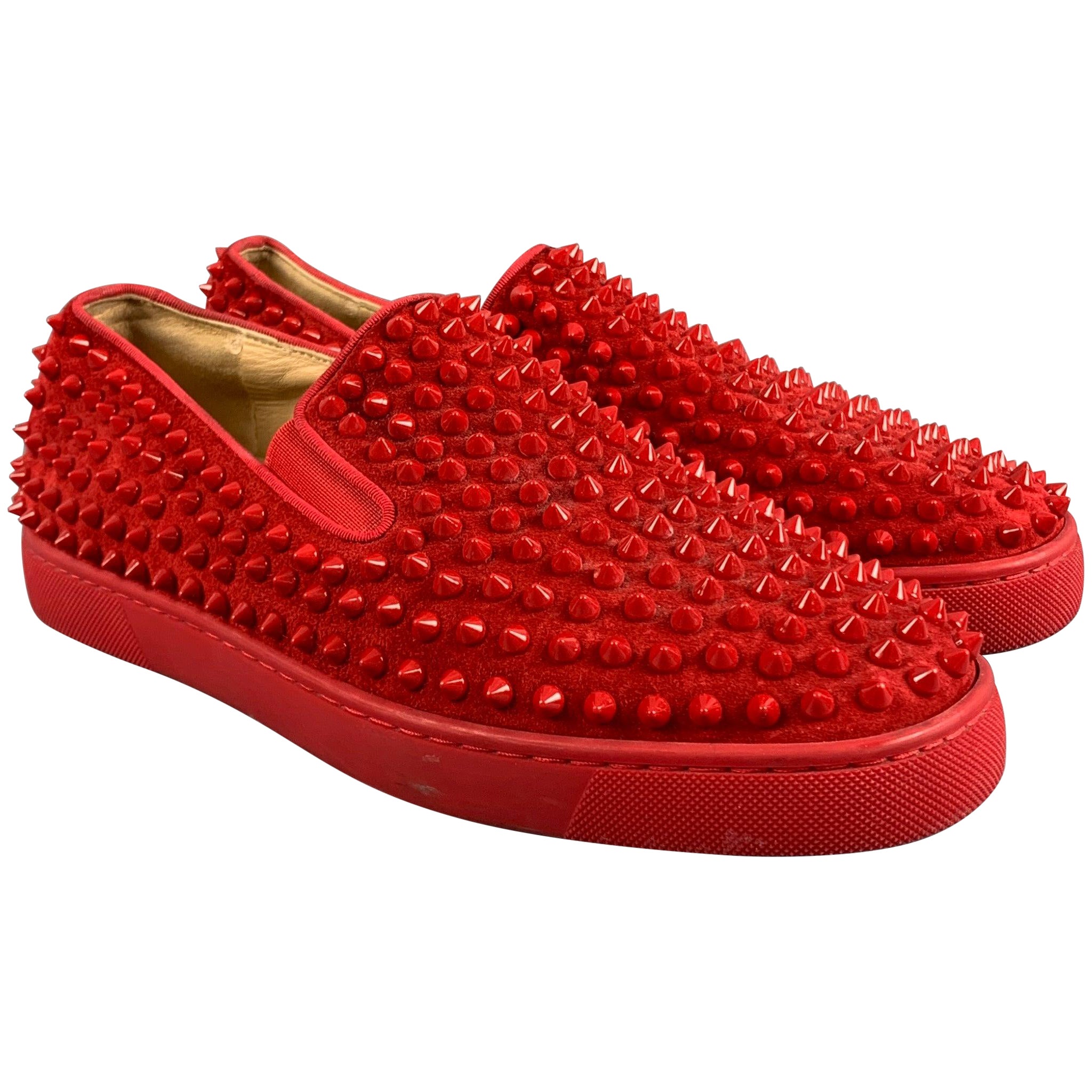 CHRISTIAN LOUBOUTIN Size 8 Red Studded Leather Slip On Sneakers