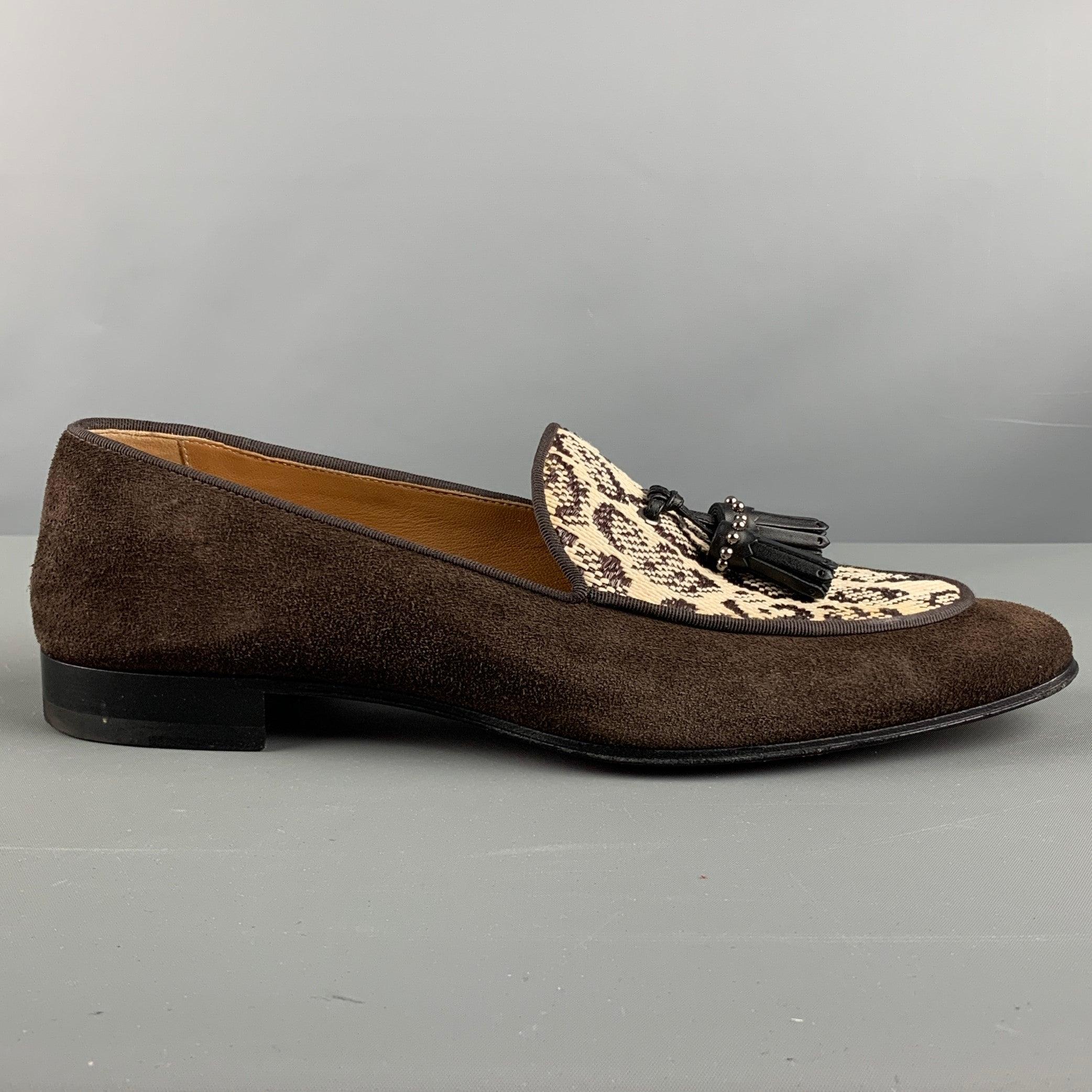 CHRISTIAN LOUBOUTIN loafers comes in a brown and beige jacquard and suede material featuring a slip on style and front tassel details. Includes box. Made in Italy. Very Good Pre-Owned Condition. Signs of wear. 

Marked:   42Outsole: 12 inches  x 4