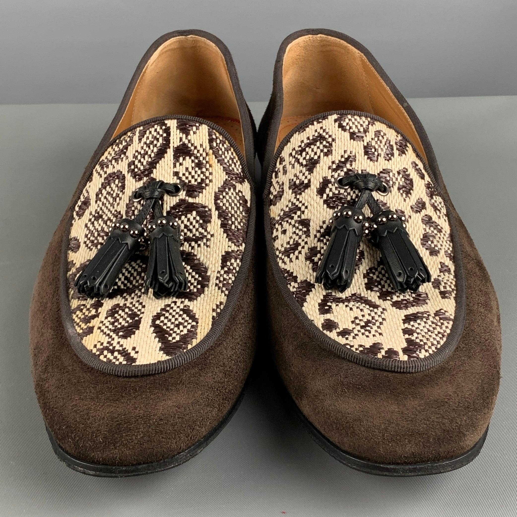 CHRISTIAN LOUBOUTIN Size 9 Brown Beige Mixed Materials Woven Tassels Loafers In Good Condition For Sale In San Francisco, CA