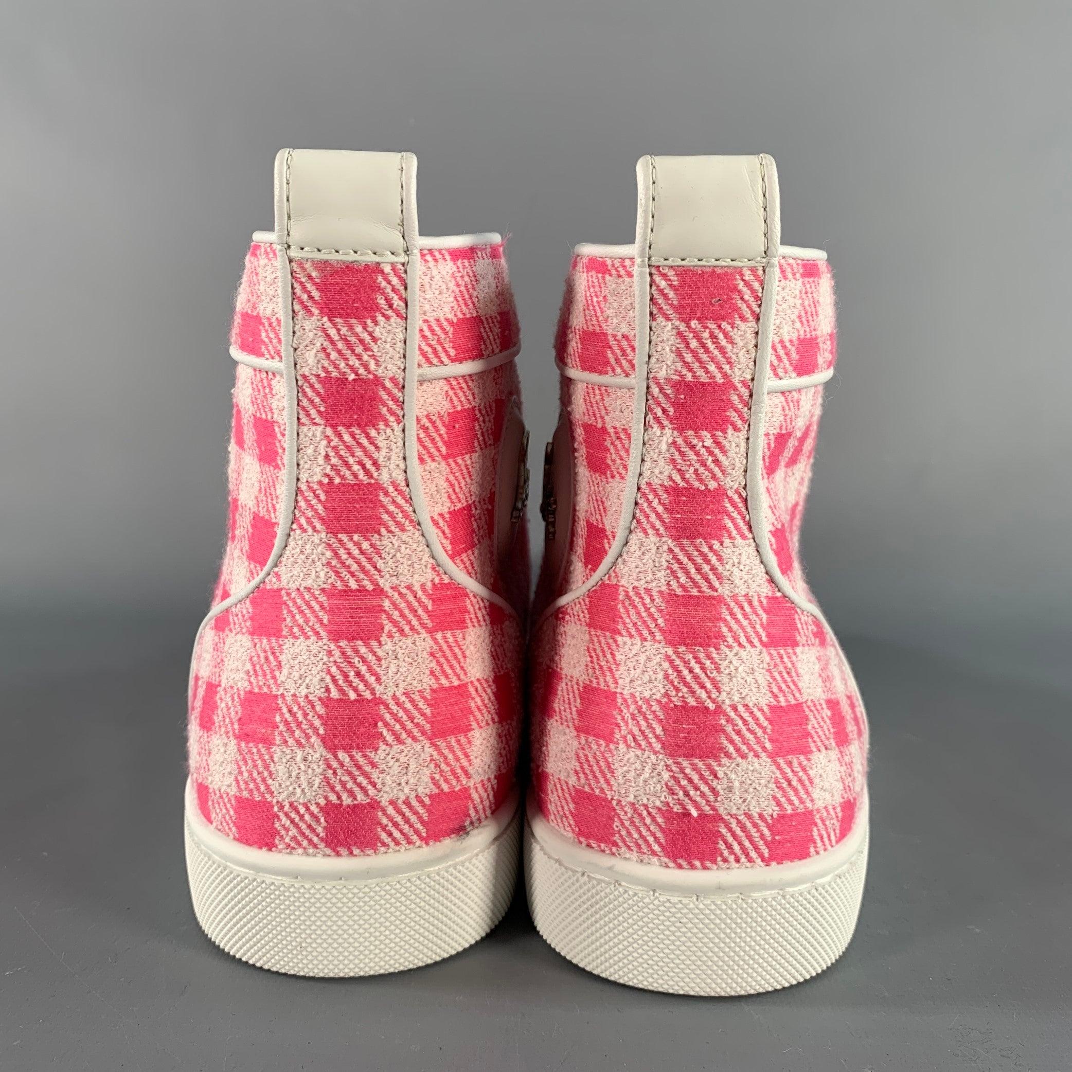 CHRISTIAN LOUBOUTIN Size 9 Pink White Checkered Fabric High Top Sneakers In Excellent Condition For Sale In San Francisco, CA