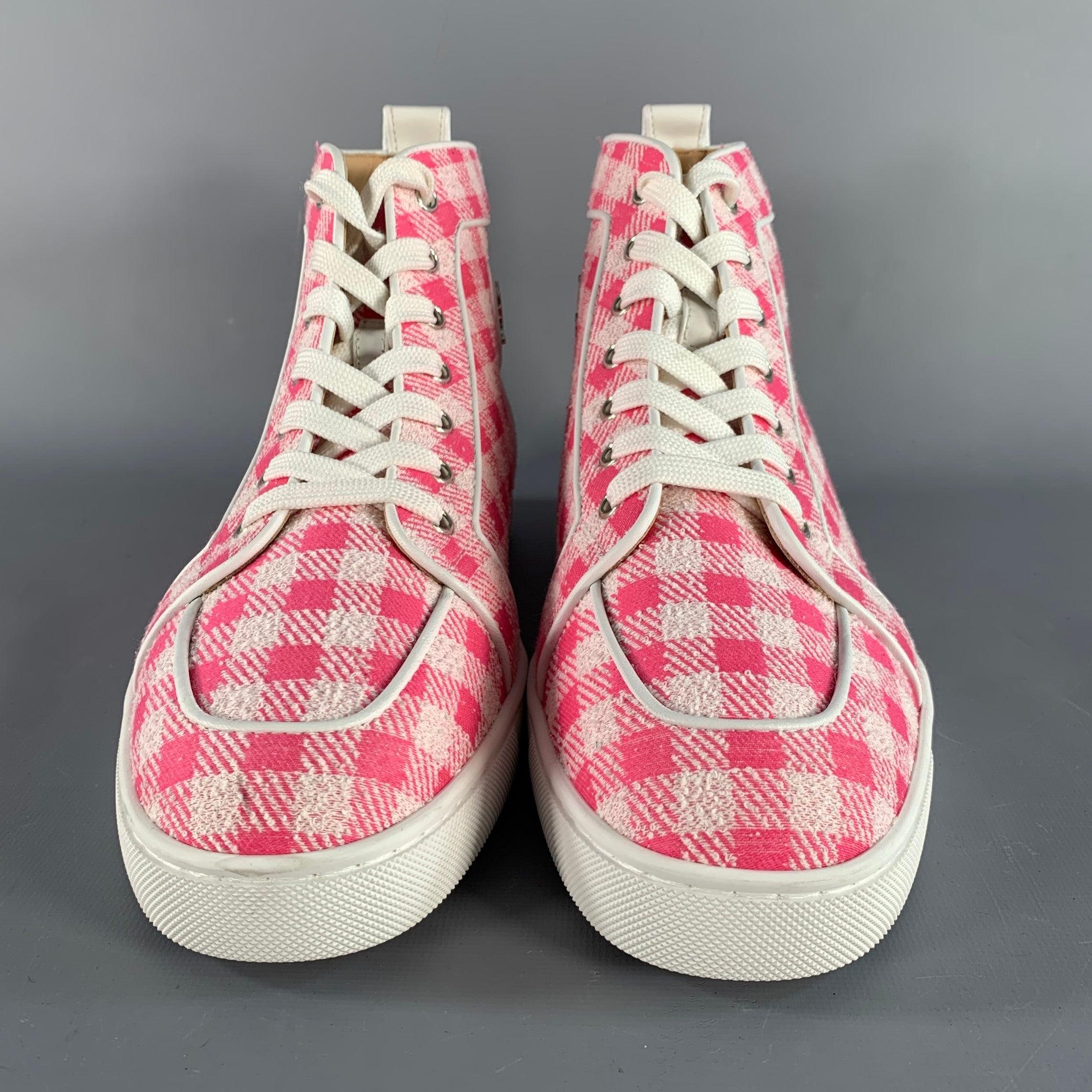 Men's CHRISTIAN LOUBOUTIN Size 9 Pink White Checkered Fabric High Top Sneakers For Sale