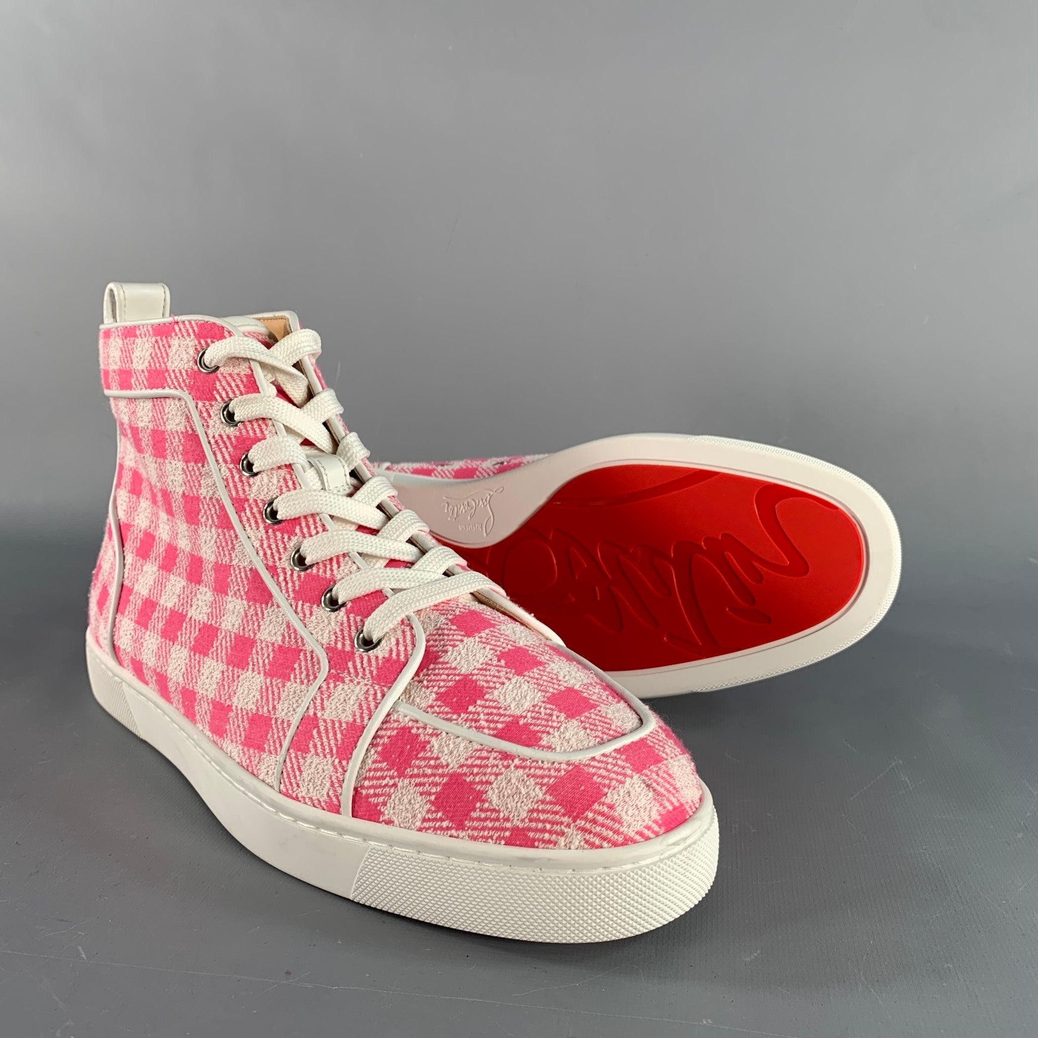 CHRISTIAN LOUBOUTIN Size 9 Pink White Checkered Fabric High Top Sneakers For Sale 1