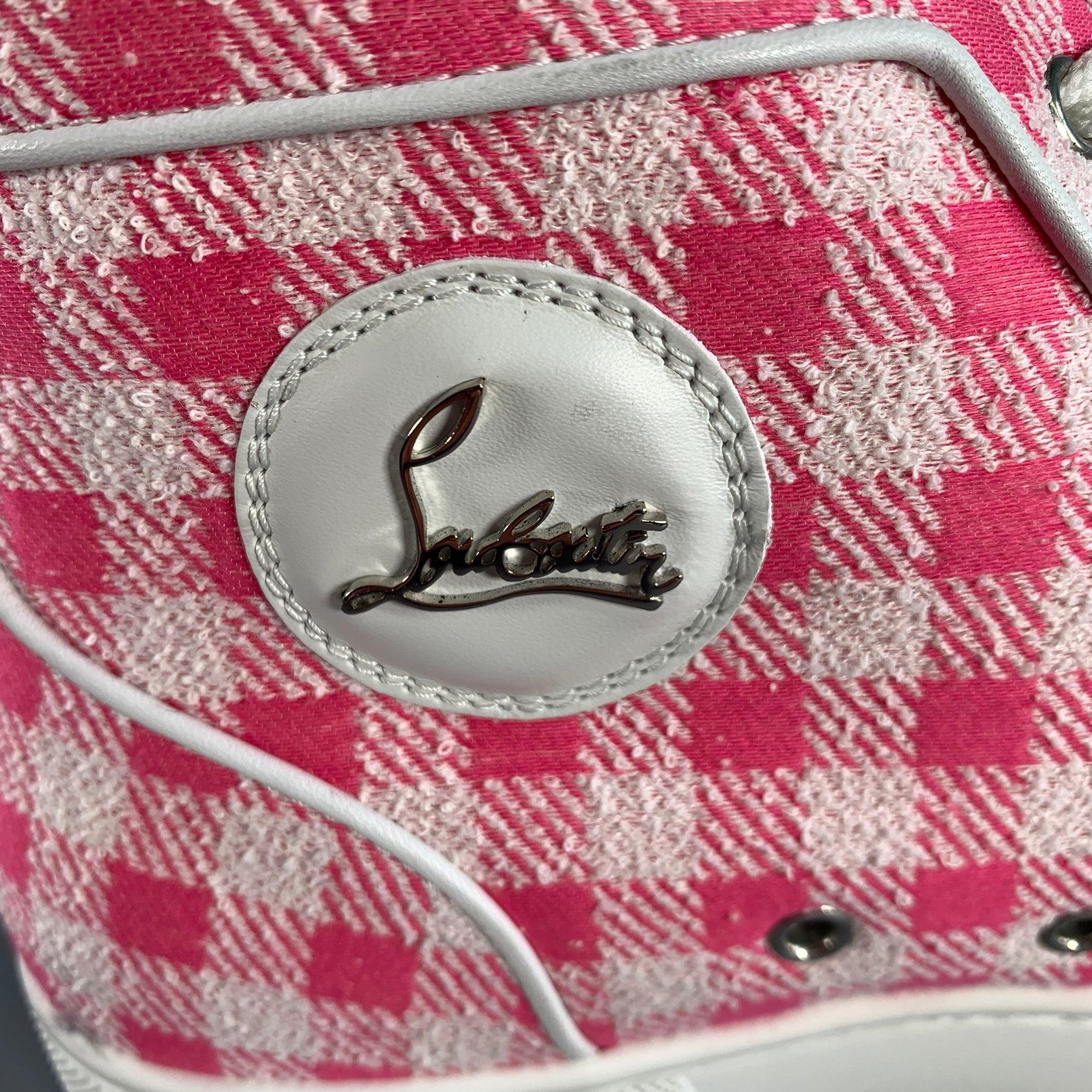CHRISTIAN LOUBOUTIN Size 9 Pink White Checkered Fabric High Top Sneakers For Sale 3