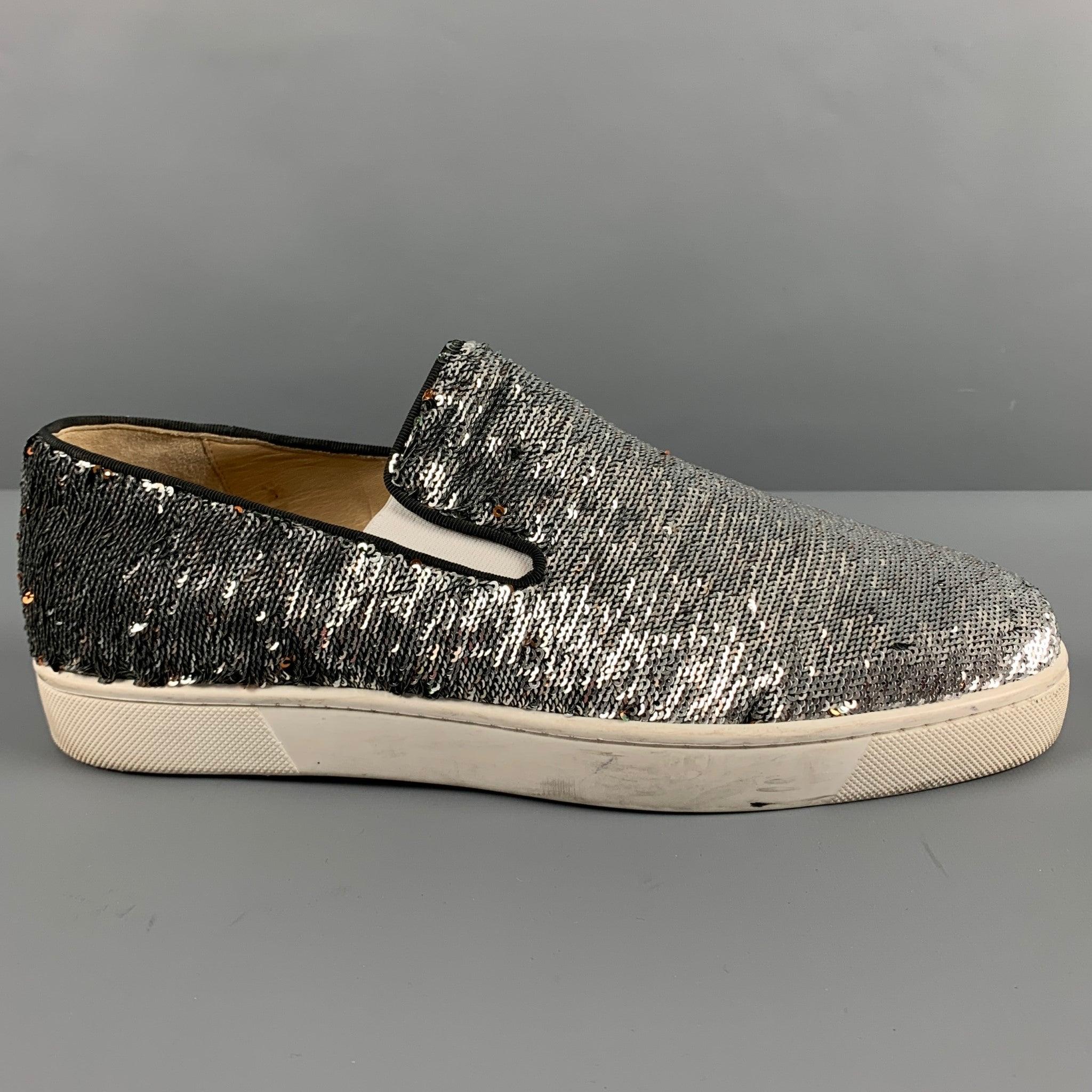 CHRISTIAN LOUBOUTIN Size 9 Silver Sequined Slip On Sneakers In Excellent Condition For Sale In San Francisco, CA