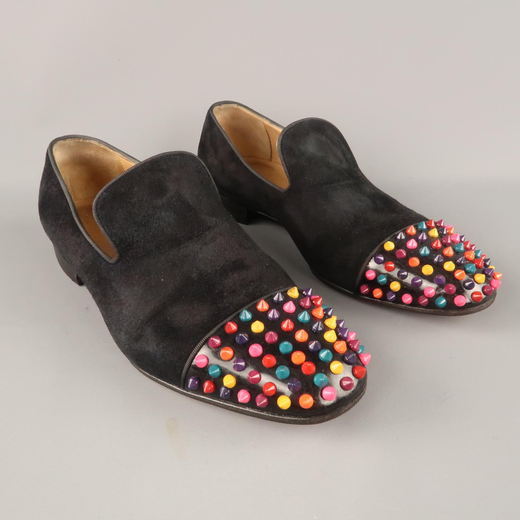 CHRISTIAN LOUBOUTIN Loafers Shoes comes in a black suede and patent leather material, featuring a cap toe with multicolored spike embellishments and a black trim, resoled. With spikes replacement.  Made in Italy.
 
Excellent Pre-Owned