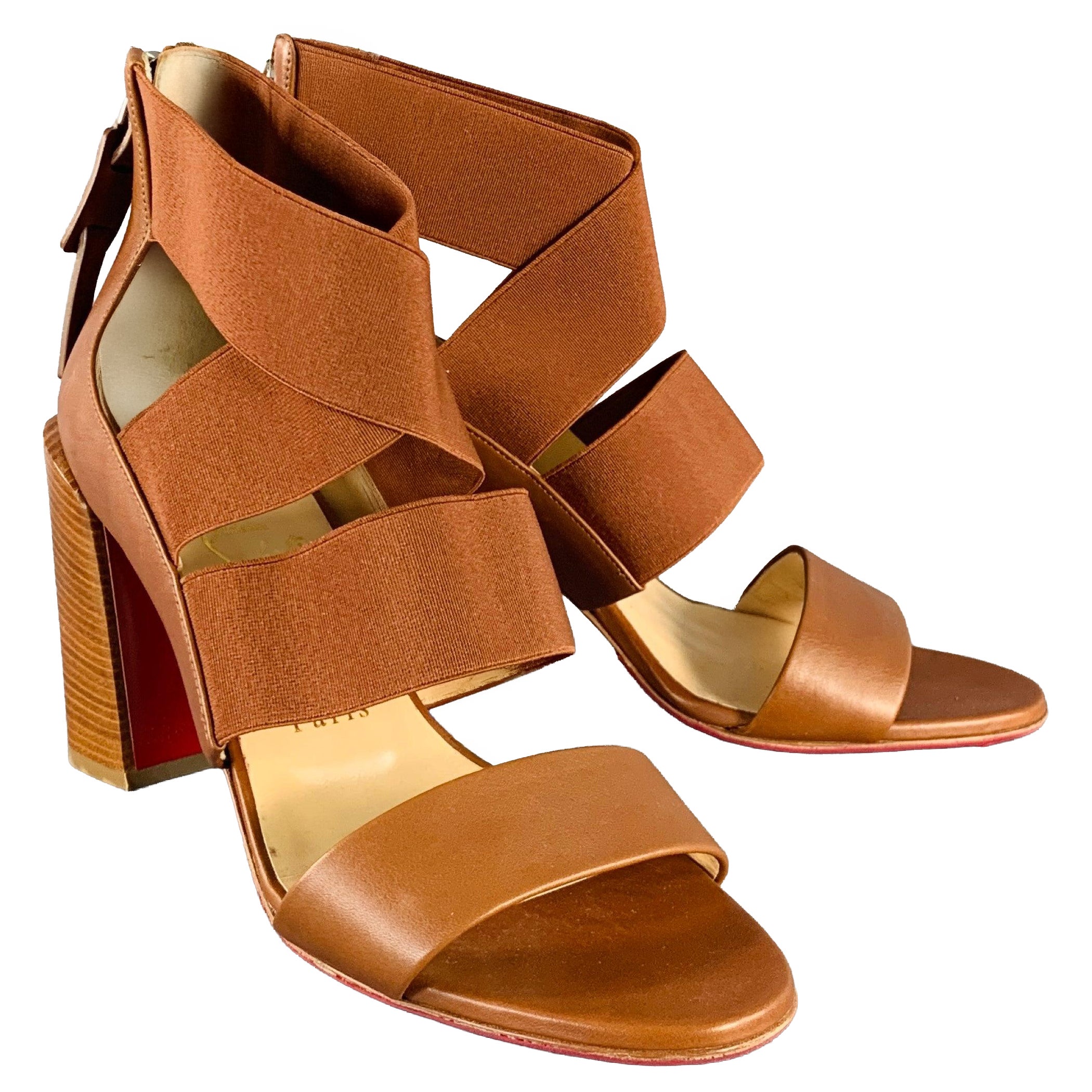 CHRISTIAN LOUBOUTIN Size 9.5 Patrouille Brown Leather Elastic Straps Block Heel Sandals im Angebot