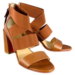 CHRISTIAN LOUBOUTIN Size 9.5 Patrouille Brown Leather Elastic Straps Block Heel Sandals