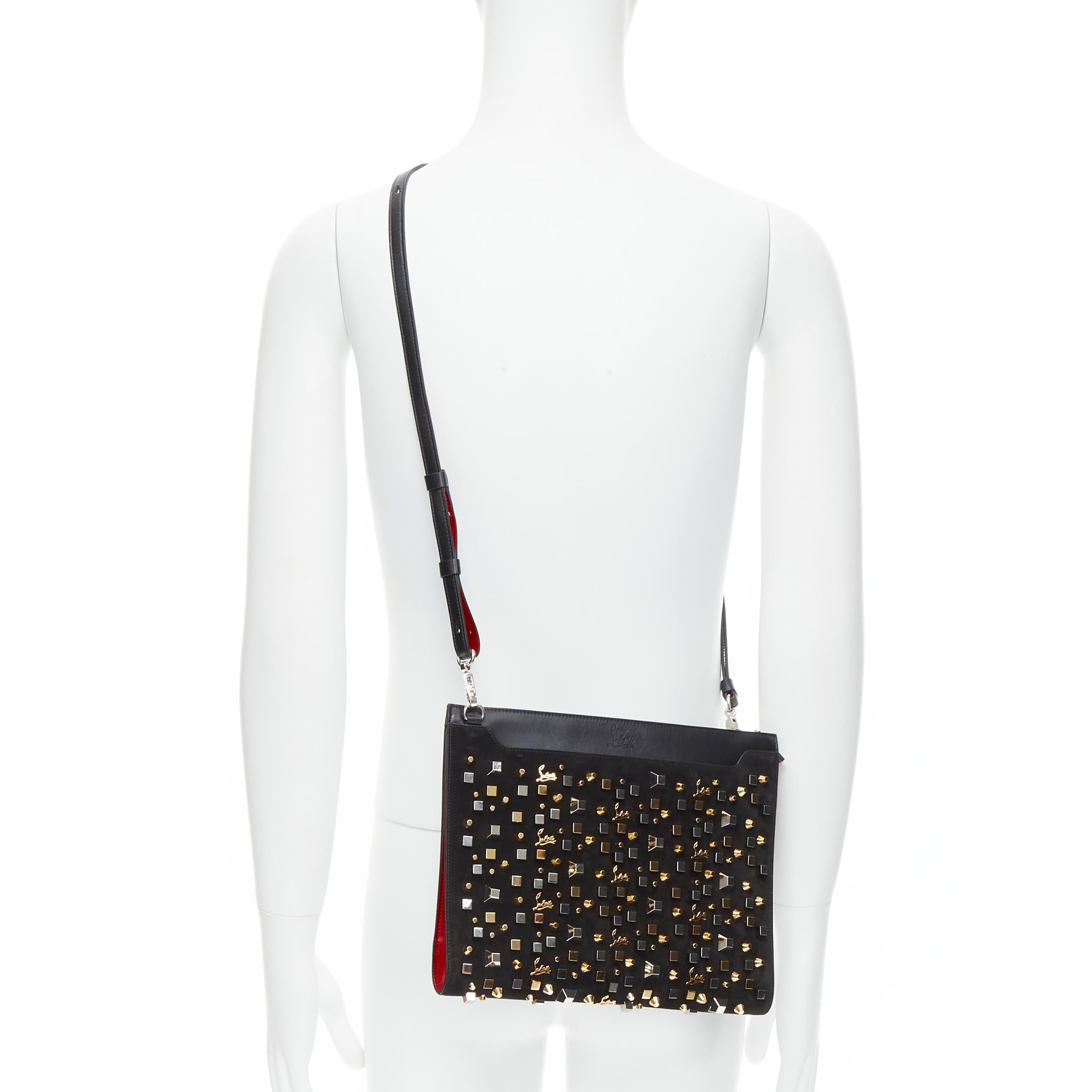 CHRISTIAN LOUBOUTIN Skypouch black suede silver gold logo studded crossbody bag 
Reference: TGAS/B01951 
Brand: Christian Louboutin 
Designer: Christian Louboutin 
Model: Skypouch 
Material: Leather 
Color: Black 
Closure: Zip 
Extra Detail: