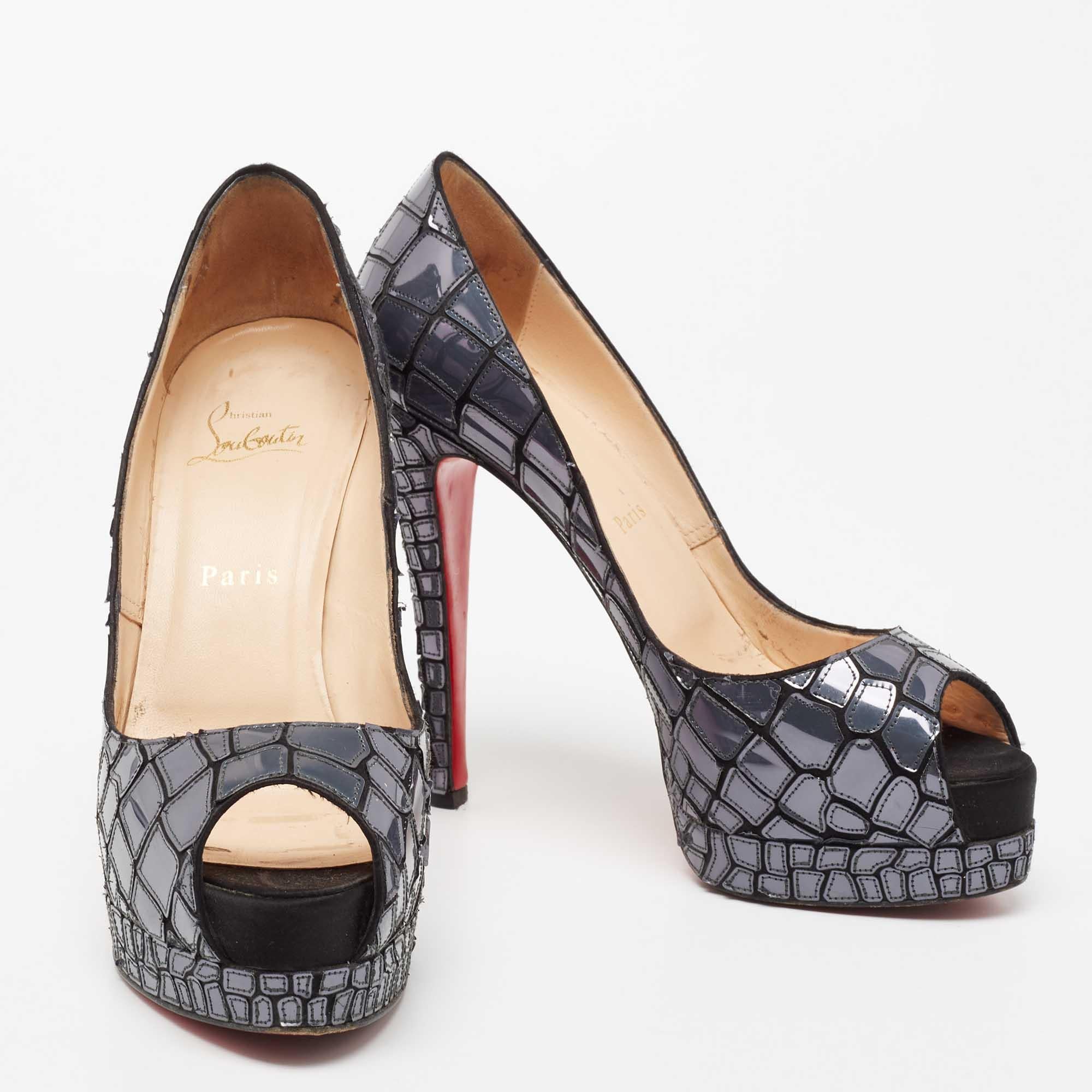 Gray Christian Louboutin Slate Grey/Black Patent Leather and Satin Mosaic Sobek Peep- For Sale